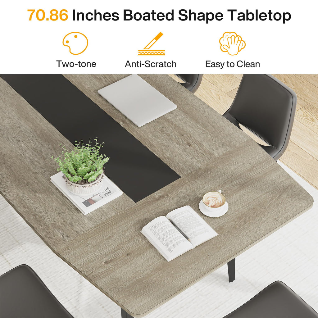 6FT Conference Table, 70.86L x 35.43W x 29.52H Inches Boat Shaped Meeting Table, Industrial Grey Seminar Table for Office Meeting Conference Room