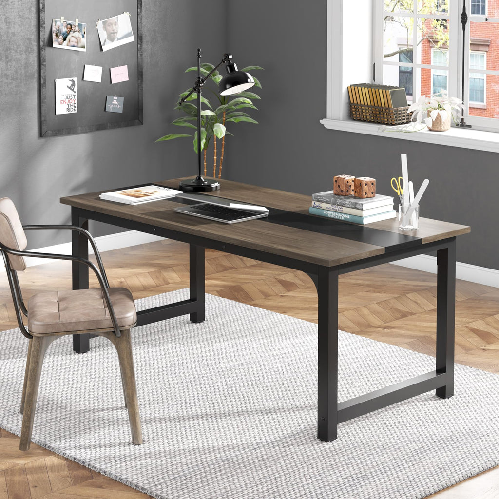 63” Executive Desk, Large Office Computer Desk with Thicken Frame, Modern Simple Workstation Business Furniture for Home Office, Vintage Grey/Black