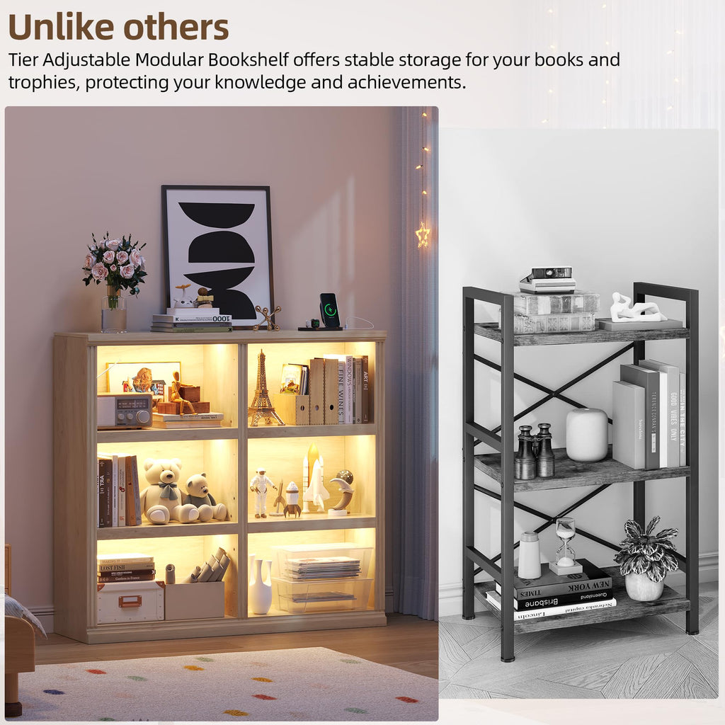 6-Cube LED Bookshelf with Motion Sensor and USB Type-C - Natural Wood