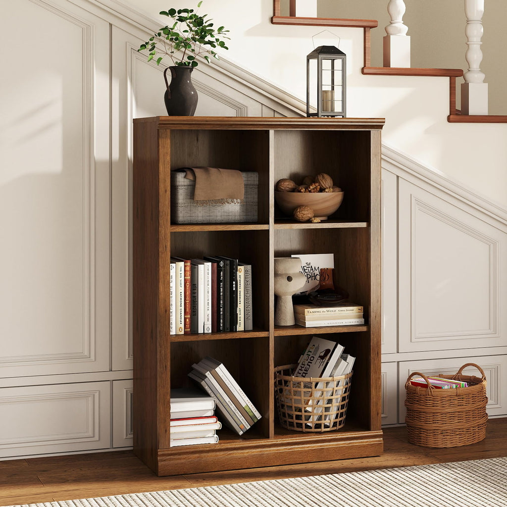 3 Tiers 6 Cube Storage Organizer Bookcase, 30 inch Width Wooden Book Shelf