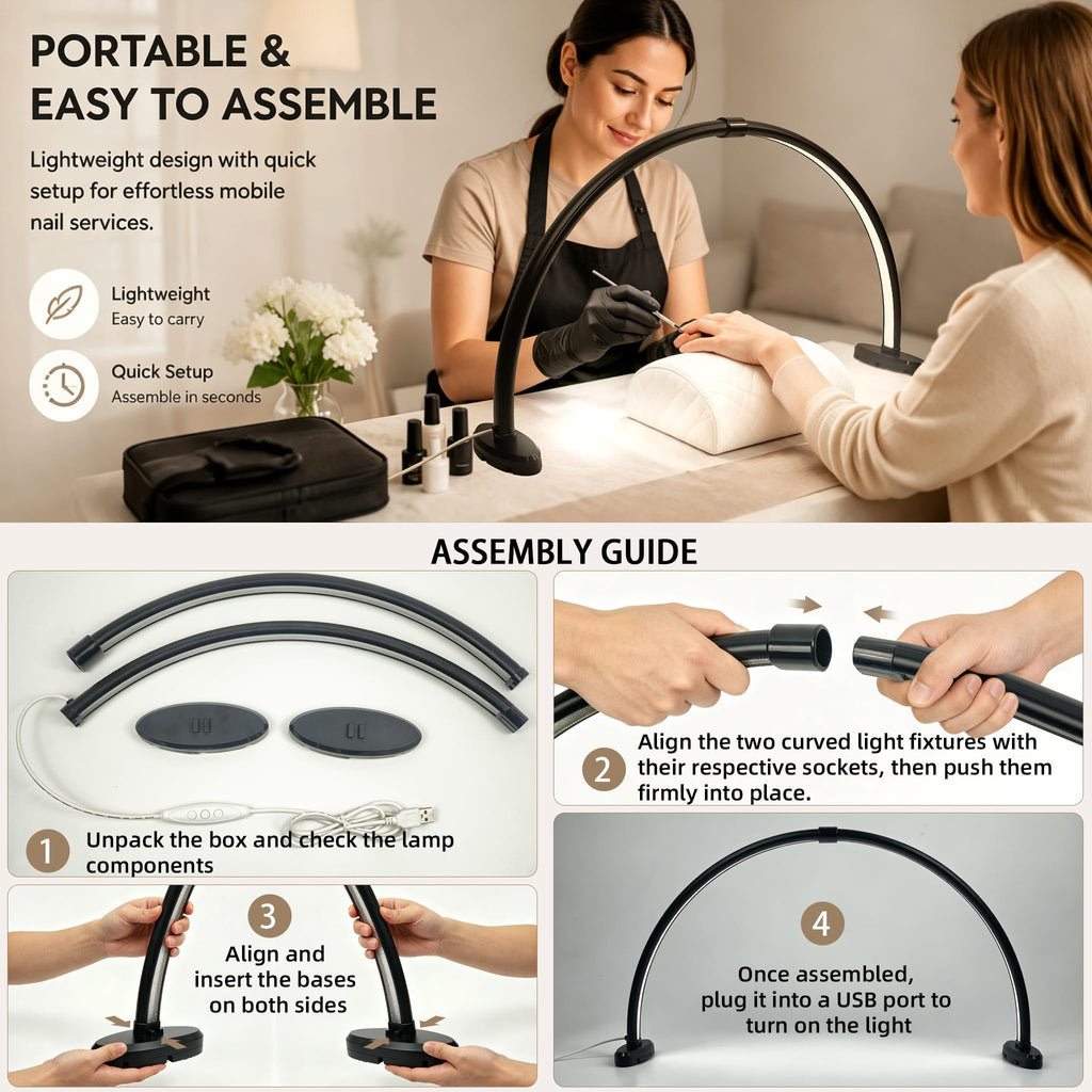 Half Moon Light for Nail Desk,23 Inch Detachable Foldable LED Nail Desk Lamp,3 Modes Color Temperature,0%-100% Stepless Dimming,180°Shadowless Lighting for Nail Art,Eyelash, Makeup,Tattoo(Black)