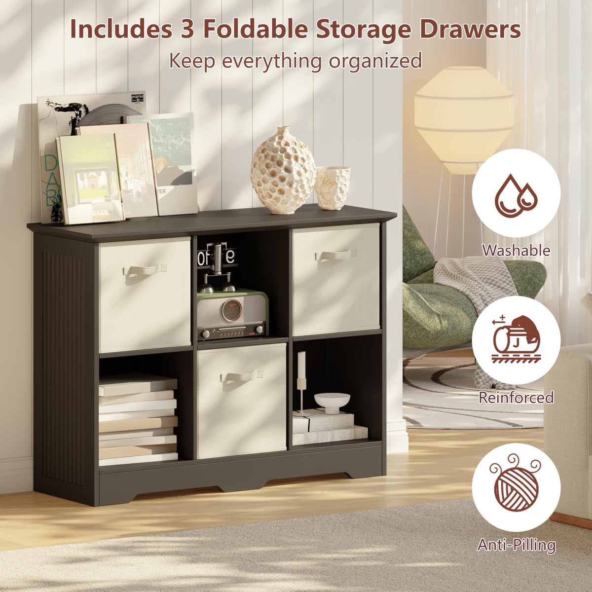 6 Cube Storage Organizer with 3 Fabric Drawers and Removable Shelves — Modular Cube Bookshelf for Bedroom, Living Room, or Home Office, Short Cube Bookcase for Toys, Decor,Black