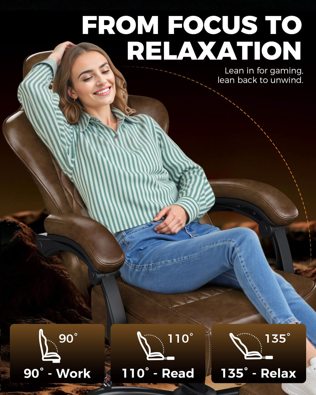 Big and Tall Gaming Chair with Footrest, Ergonomic Office Desk Chair with 4.4in Thick Cushion and Wide Wingless Seat, Comfortable Leather Computer Chair, Predator Series, Rustic Brown
