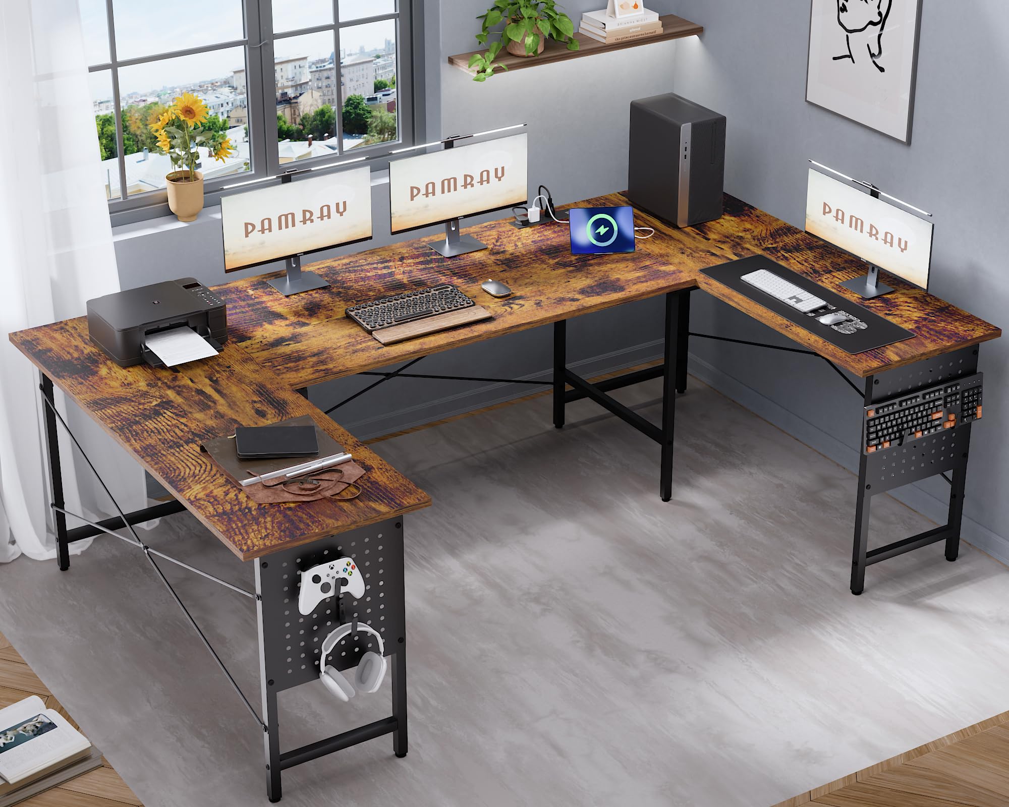 71 Inch Large Computer Desk with Power Outlets,U Shaped Corner Desk for Home Office Work and Gaming Vintage