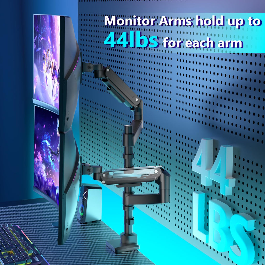 Dual Monitor Mount for Ultrawide Heavy Duty Curved Monitor Stacking, Dual Monitor Arms Fits 13-49 Inch for Ultrawide Screens up to 44lbs, 49 inch Monitor Arm, Black