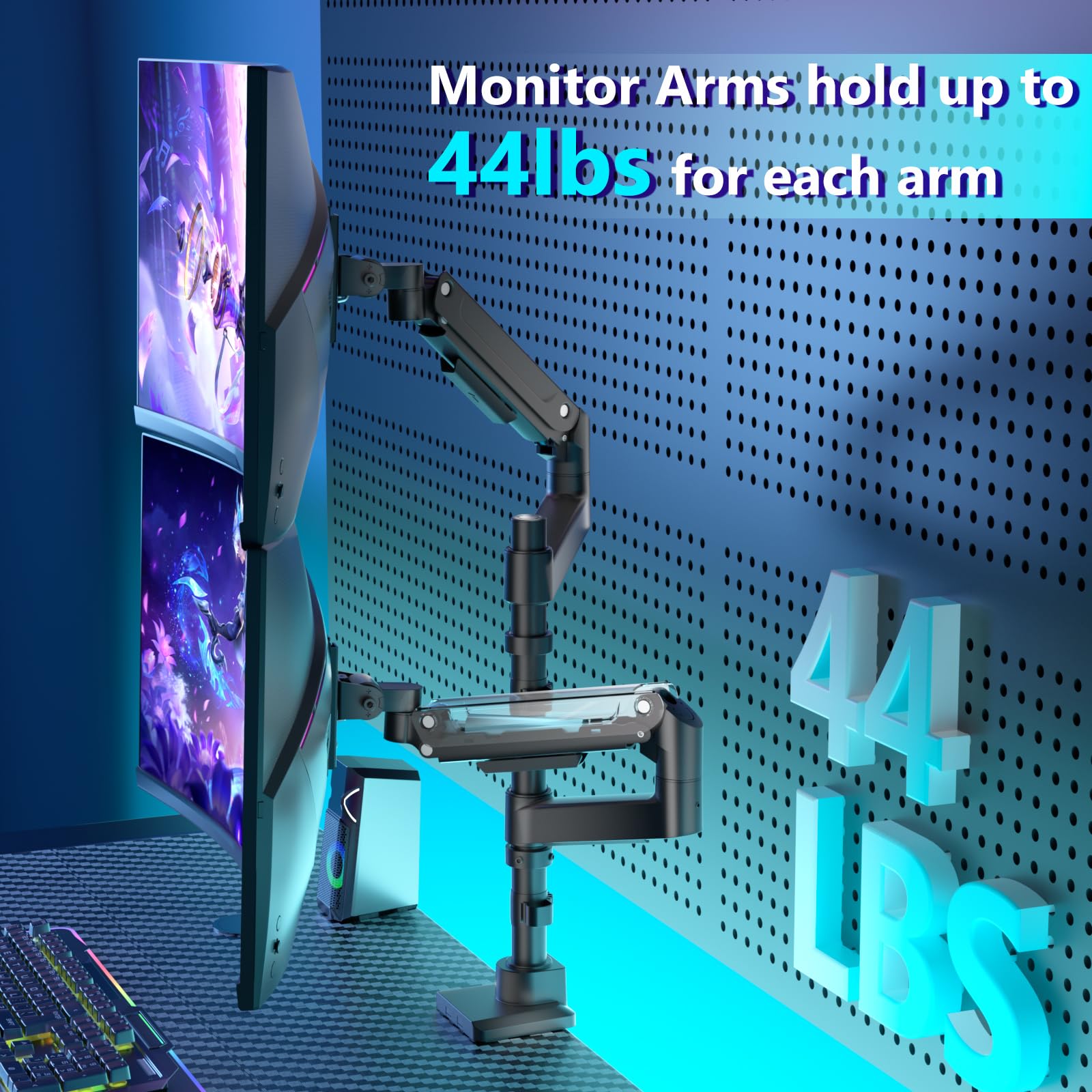 Dual Monitor Mount for Ultrawide Heavy Duty Curved Monitor Stacking, Dual Monitor Arms Fits 13-49 Inch for Ultrawide Screens up to 44lbs, 49 inch Monitor Arm, Black