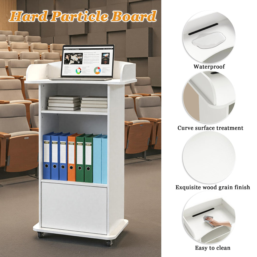 Podium Stand with Wheels (White（Metal Wheel）)