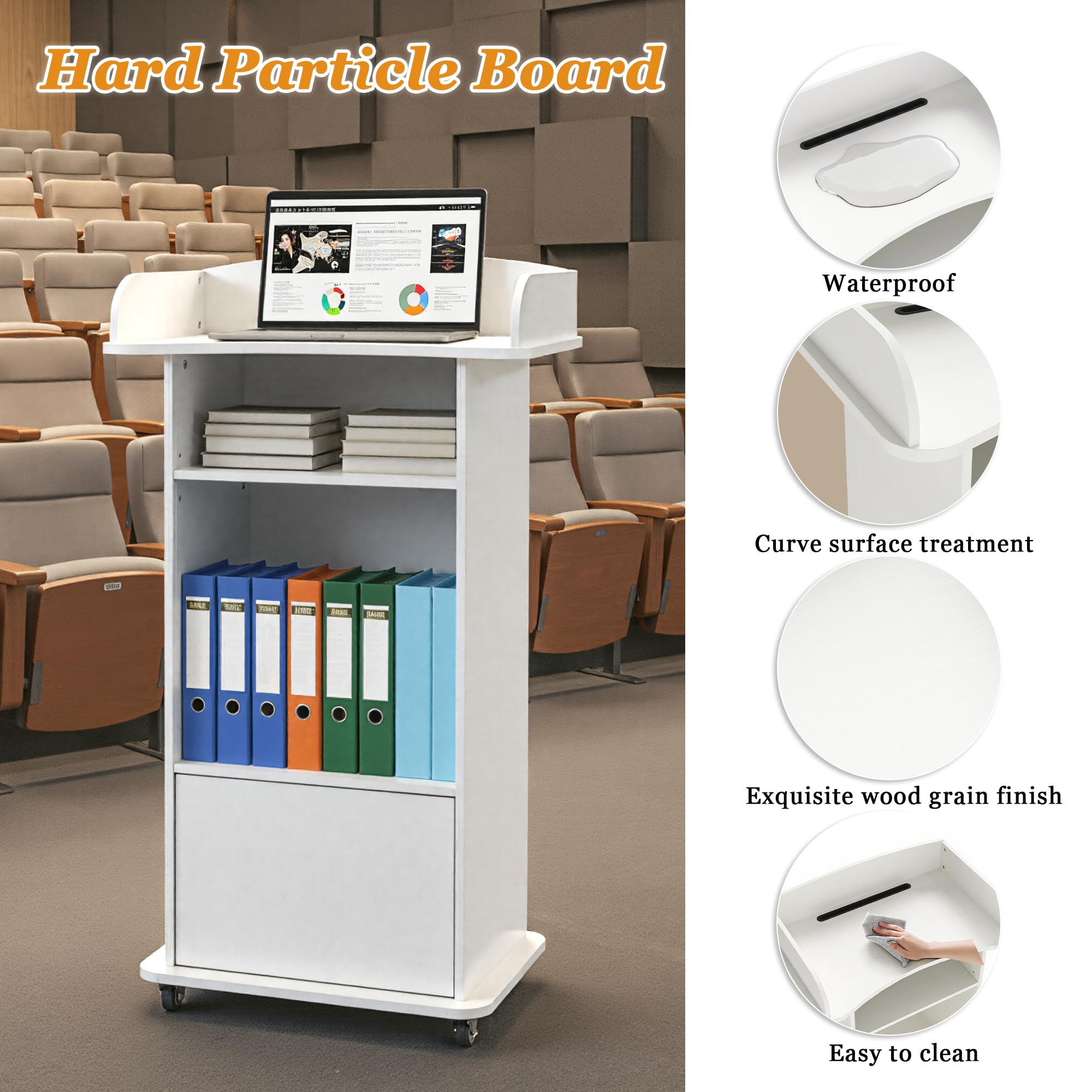 Podium Stand with Wheels (White（Metal Wheel）)