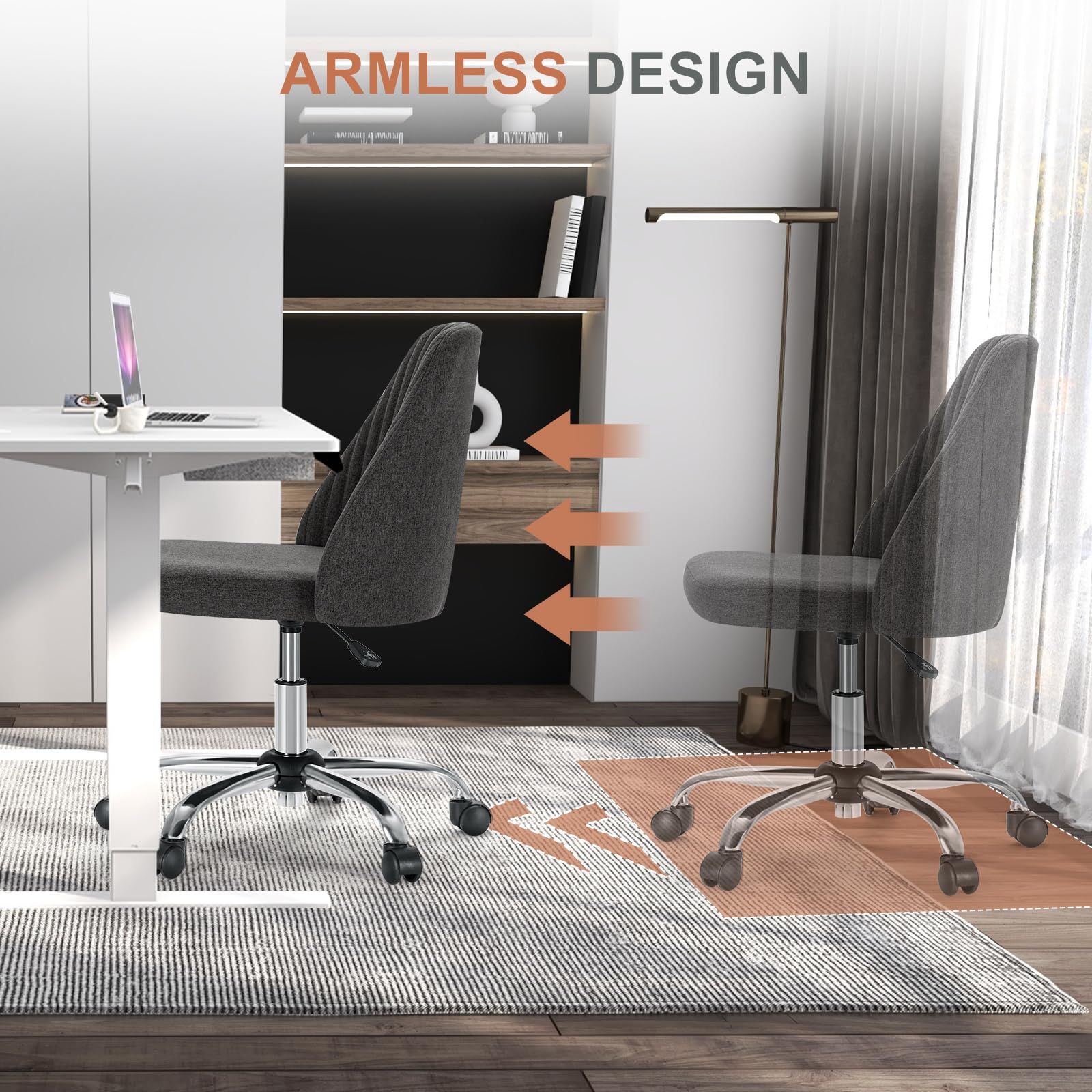 Office Chair, Comfy Desk Chair Rolling Vanity Swivel Task Chairs with Wheels, Wide Seating Armless Height Adjustable Computer Chairs for Home,Bedroom,Student,Adults, Gunmetal Gray