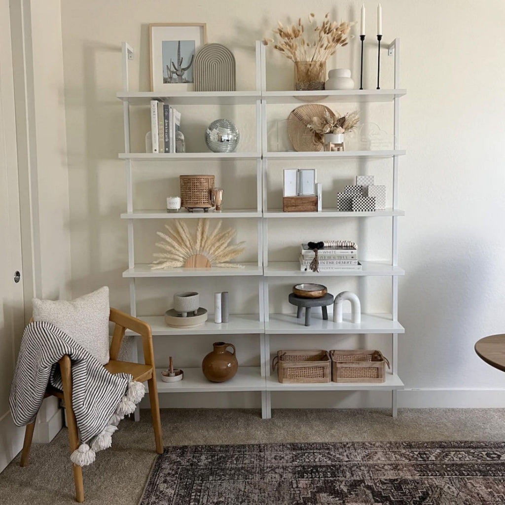 6-Shelf Tall Modern Bookshelf, Wall Mount Ladder Shelf Bookcase with White Wood and Industrial Metal Frame, Matte White/White, Set of 2