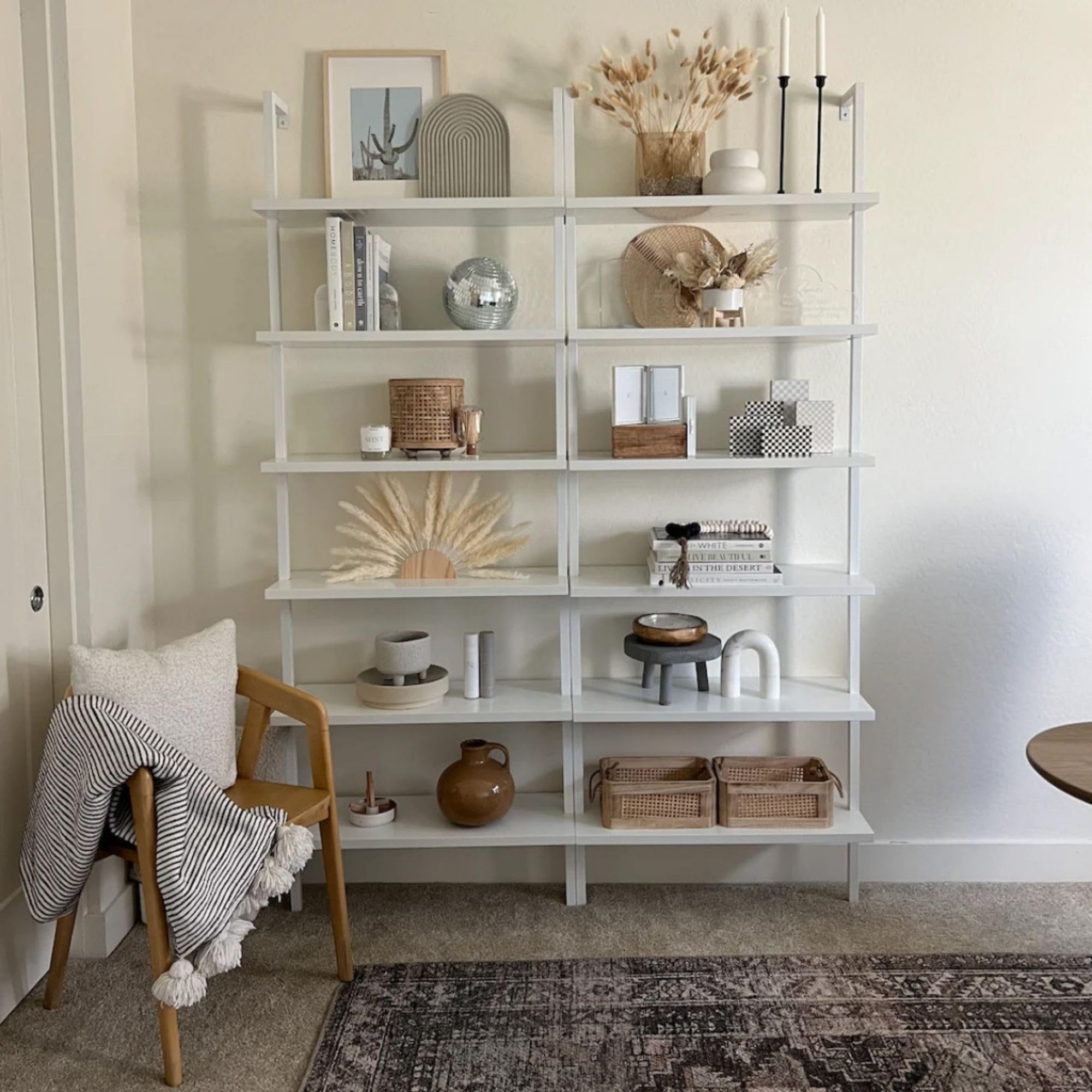 6-Shelf Tall Modern Bookshelf, Wall Mount Ladder Shelf Bookcase with White Wood and Industrial Metal Frame, Matte White/White, Set of 2