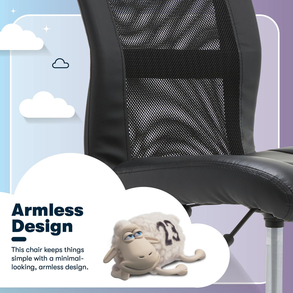 Essential Armless Chair, Small Desk Chairs with Wheels, Breathable Mesh Back and Faux Leather, Quality Foam Cushion Seat for Comfort, Minimal Design for Vanity Table, Black