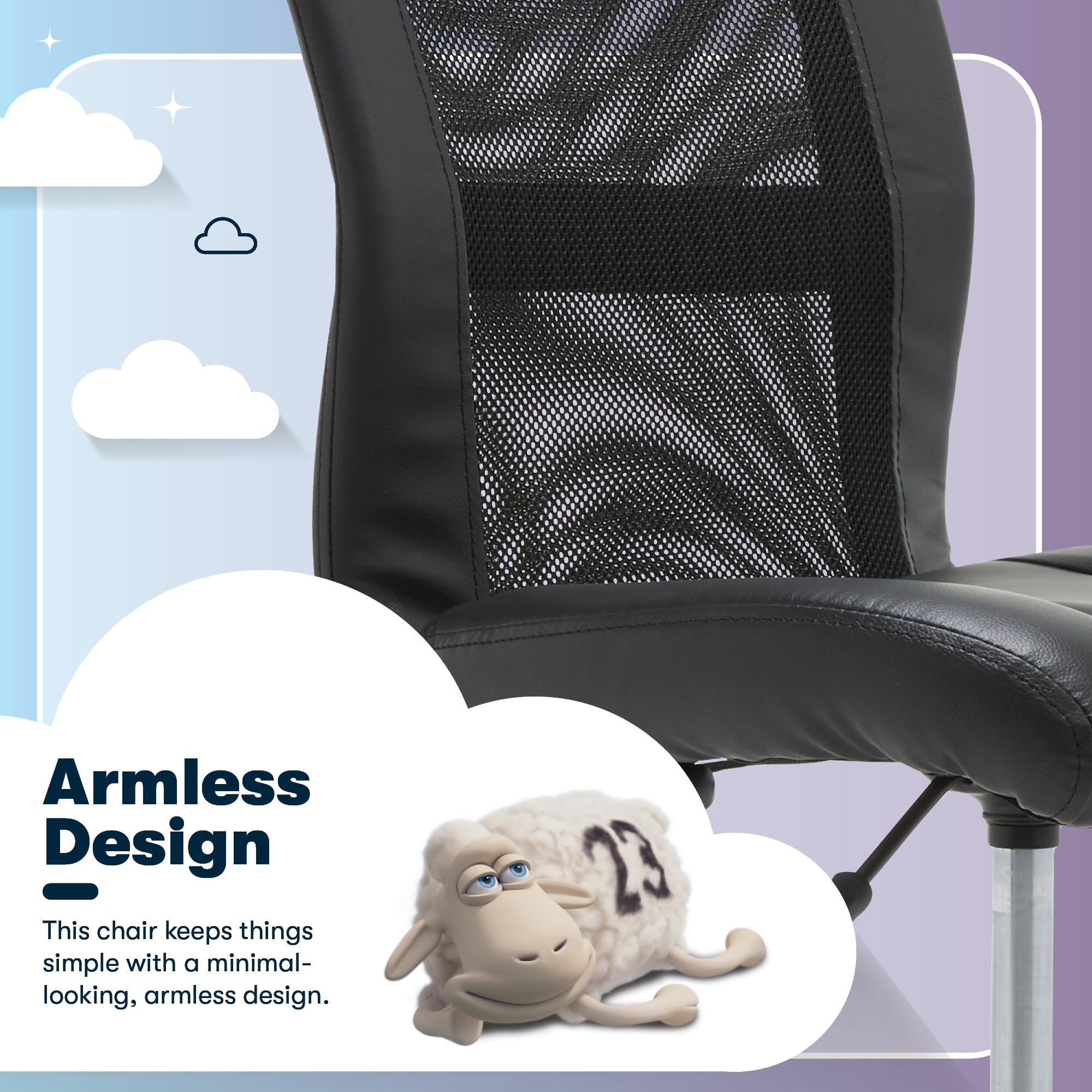 Essential Armless Chair, Small Desk Chairs with Wheels, Breathable Mesh Back and Faux Leather, Quality Foam Cushion Seat for Comfort, Minimal Design for Vanity Table, Black