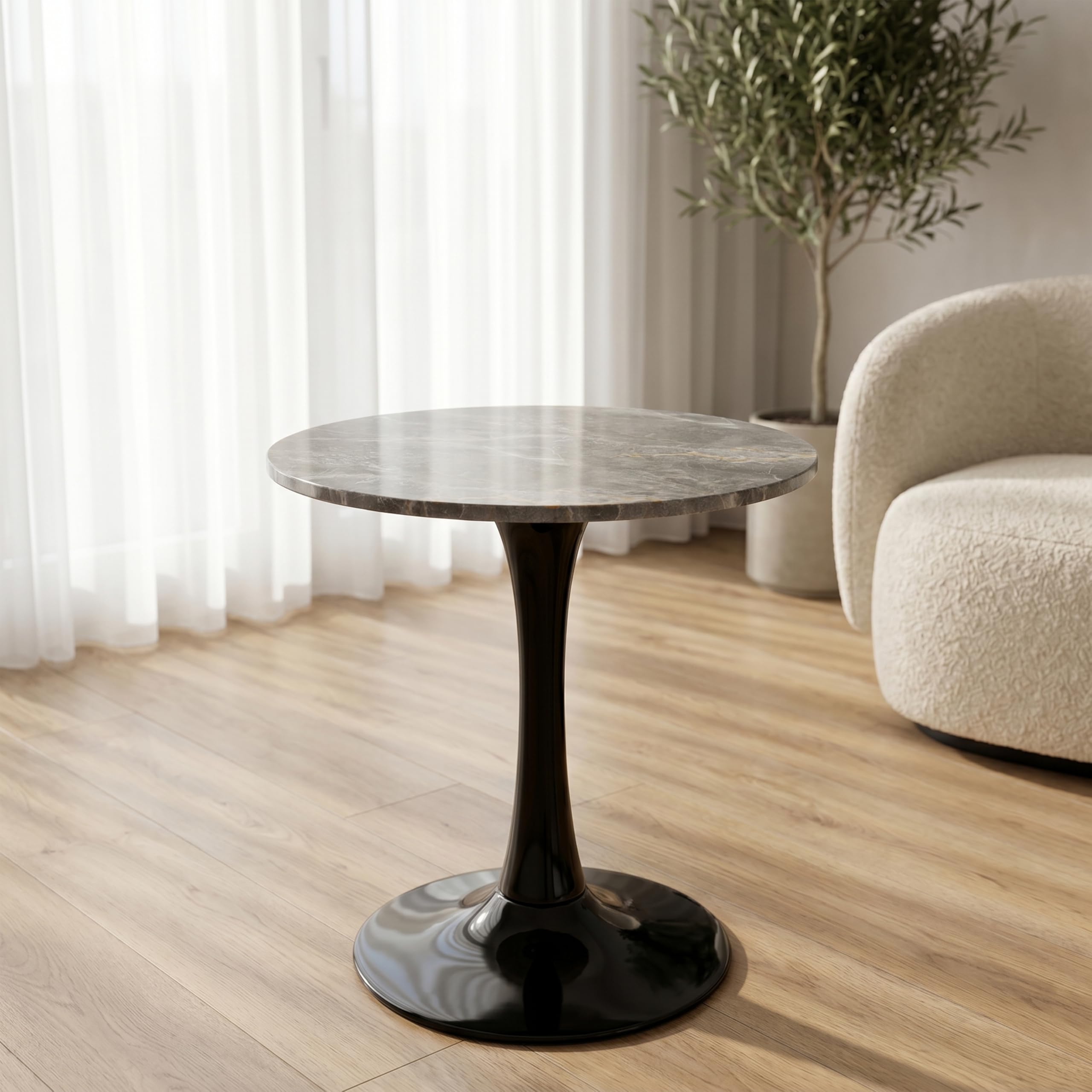 Sybrioka 27.6" Marble Round Tulip Table, Mid-Century Modern Style Dining Table with Black Pedestal Base for 2-4 People, Featuring A Marble Tabletop for Kitchen, Dining Room, Cafe (Dark Grey)