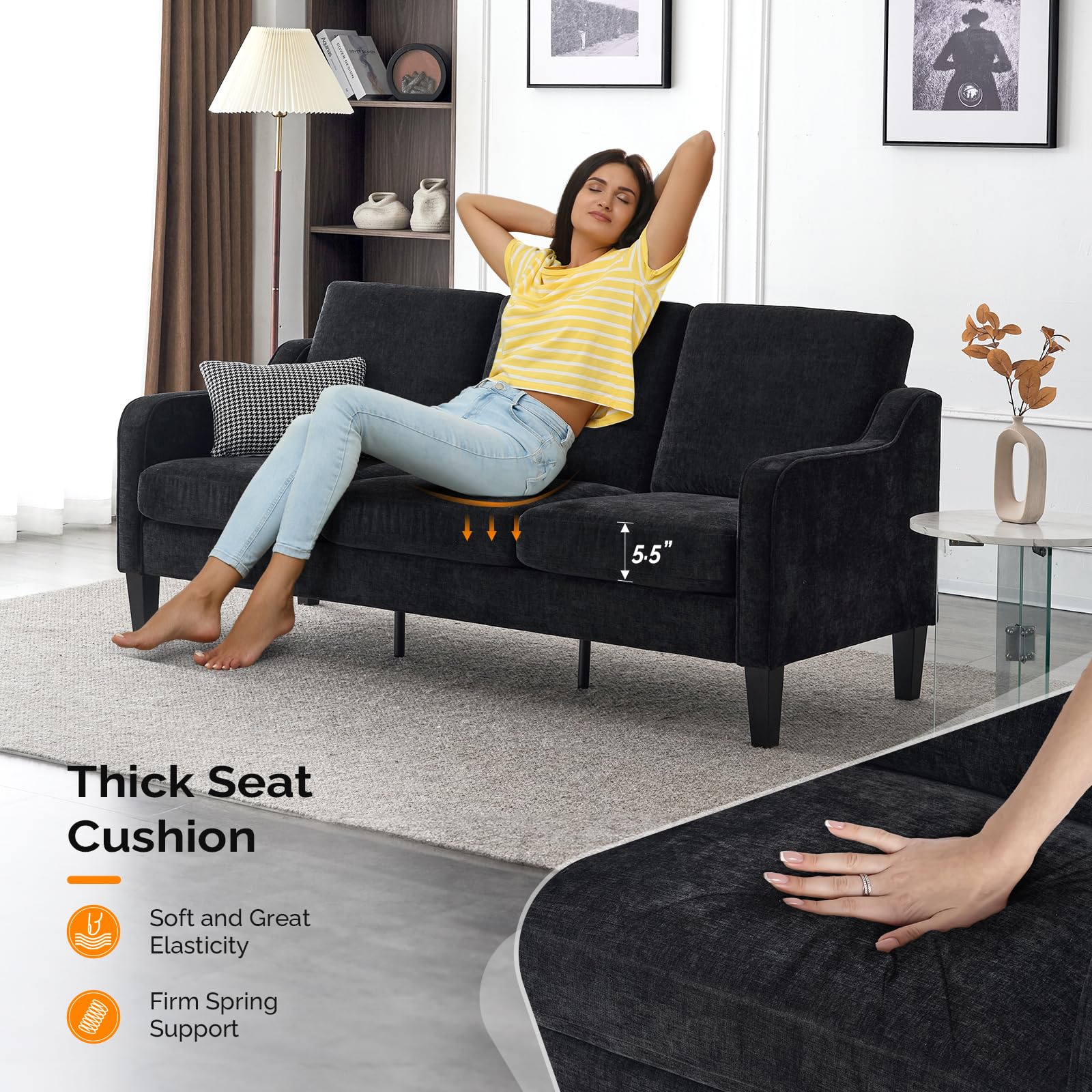 71" Small Couch Comfy 3 Seater Upholstered Chenille Sofa Mid-Century Modern Floor Sofas for Small Spaces, Bedroom, Apartment, Lounge, Office