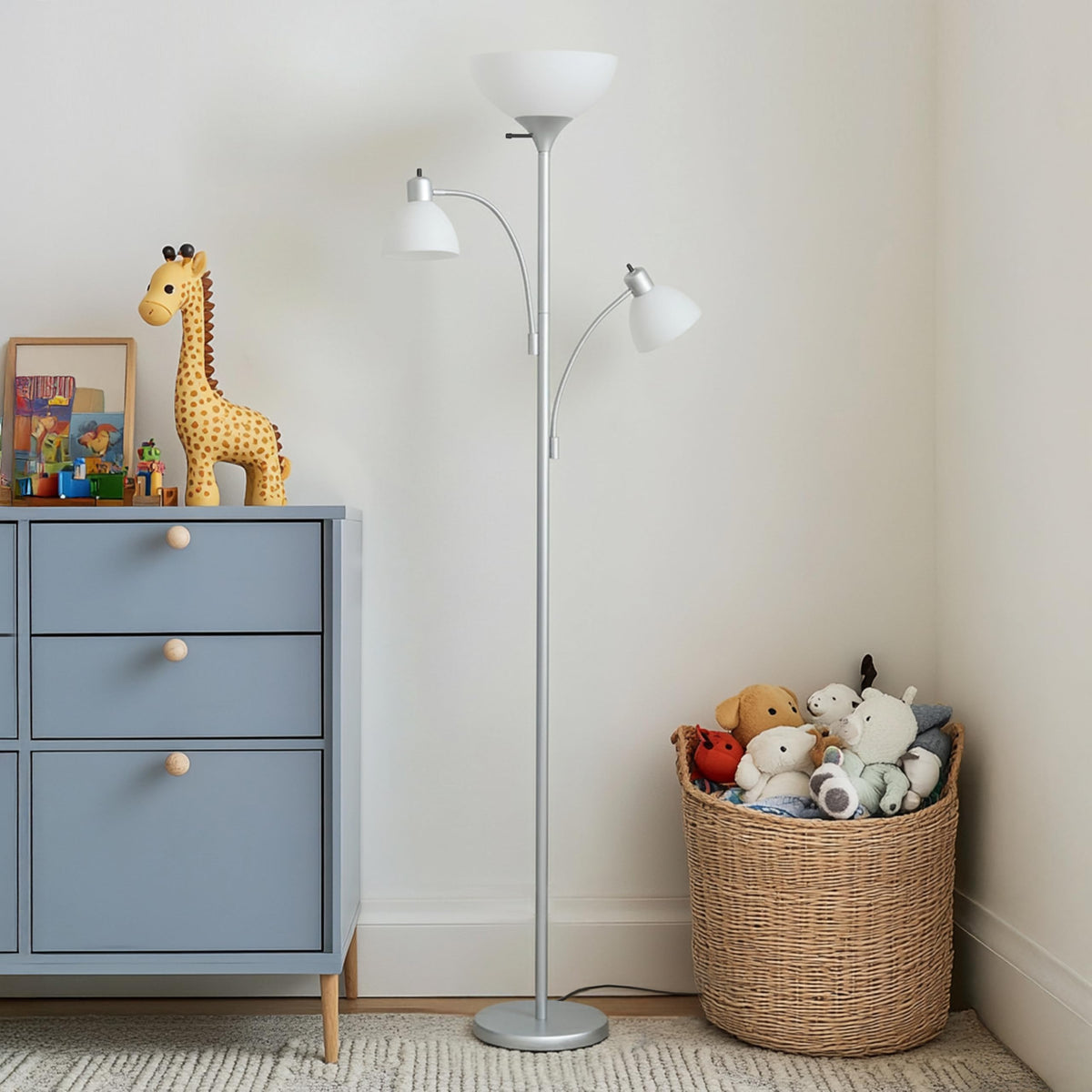 Sky Dome Double LED Floor lamp, Torchiere Super Bright Floor Lamp with 2 Reading Lamps for Living Rooms & Offices - Dimmable Tall Standing Lamp for Bedroom Reading - Tall Silver Pole