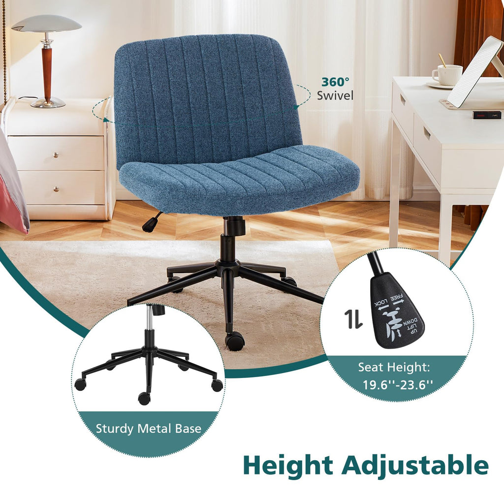 Criss Cross Chair with Wheels Wide Cross Legged Office Desk Vanity Chair Comfy Fabric Armless Height Adjustable Swivel for Home Computer Task Blue