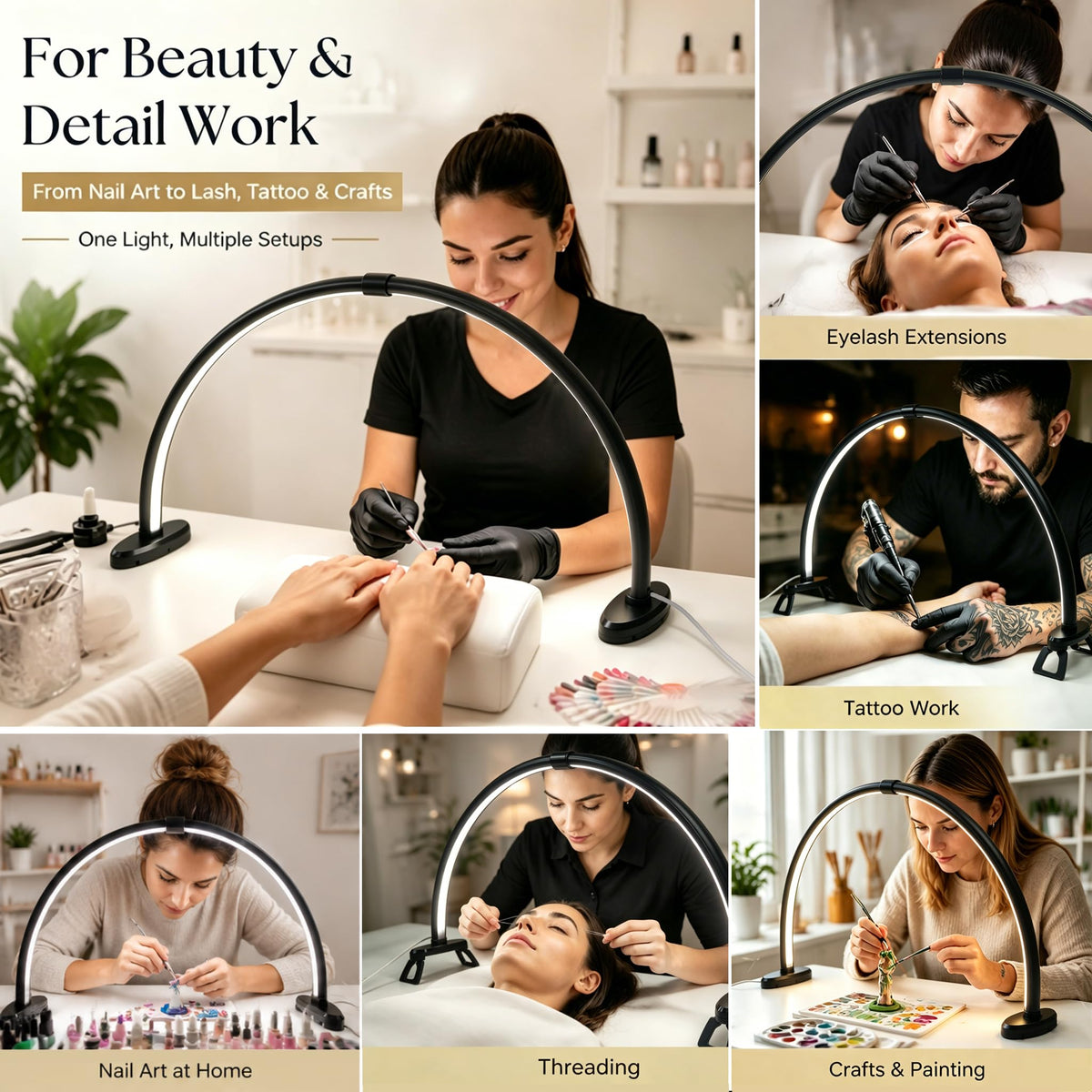 Half Moon Light for Nail Desk,23 Inch Detachable Foldable LED Nail Desk Lamp,3 Modes Color Temperature,0%-100% Stepless Dimming,180°Shadowless Lighting for Nail Art,Eyelash, Makeup,Tattoo(Black)