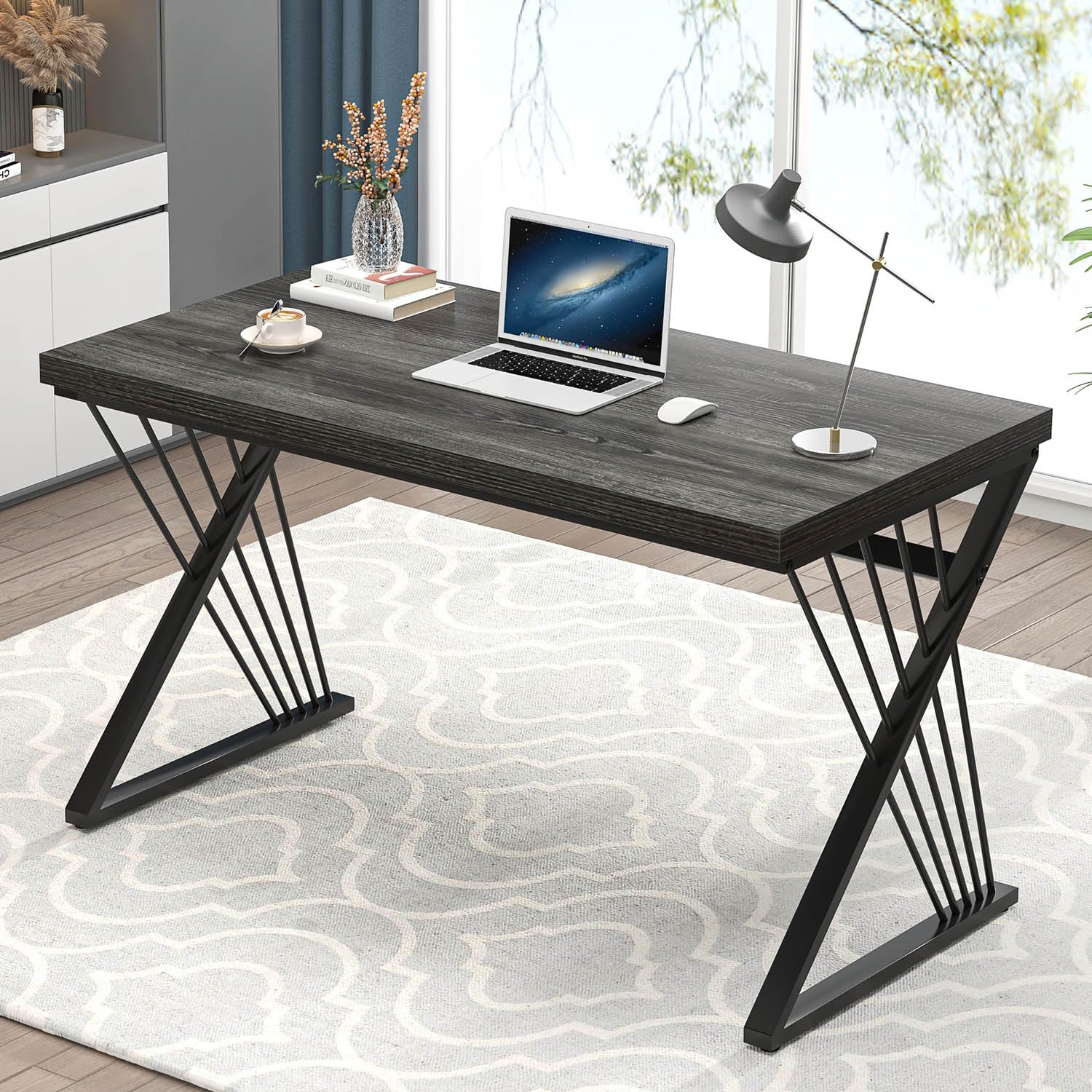 Modern Home Office Desks, Rustic Wood and Metal Computer Desk, Industrial Writing Study Gaming Table for Living Room Bedroom, Dark Gray, 47 Inch