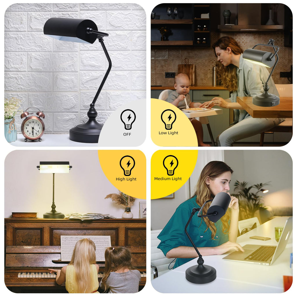 Classic Antique Touch Adjustable LED Desk & Piano Lamp with Eye Protection - Black (Bulb Included)