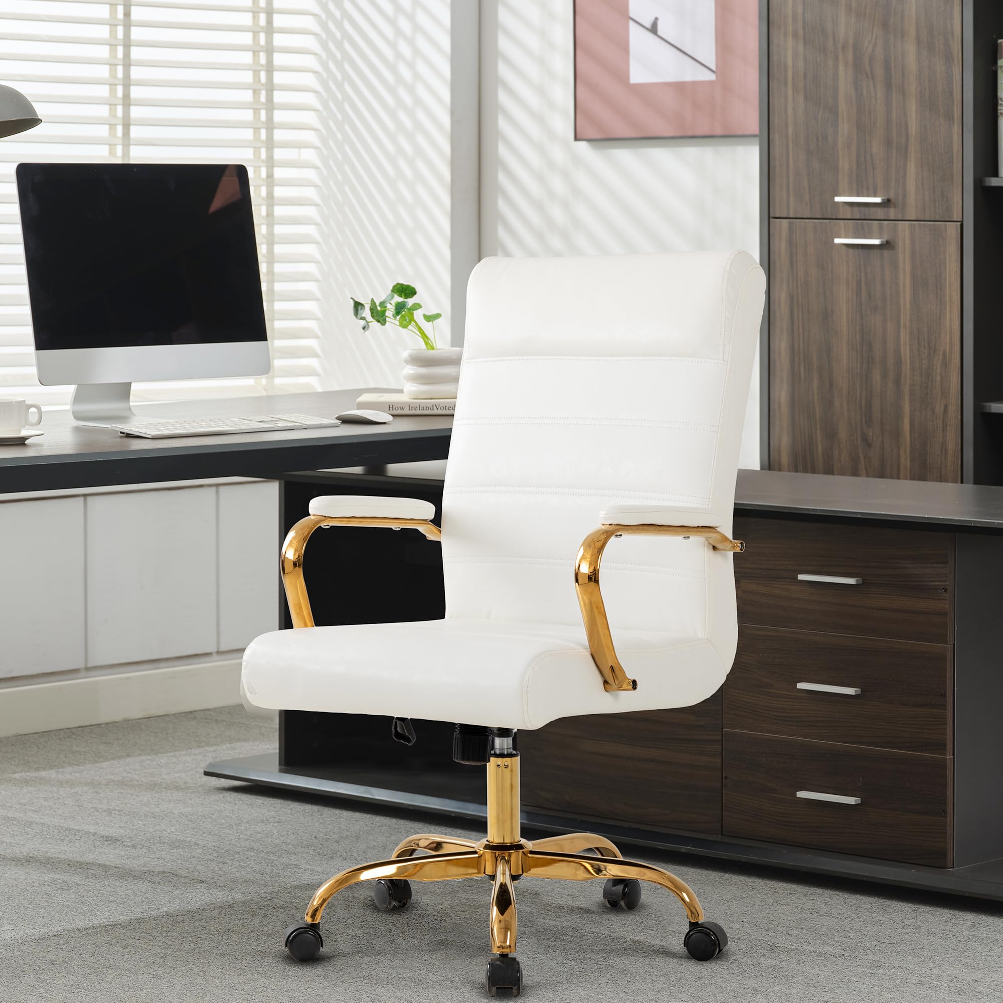 White and Gold Office Desk Chair, Modern Leather Conference Room Chairs, High Back Ergonomic Home ofiice Chair, Adjustable Height Swivel Executive Computer Chair with Padded Seat and Armrest