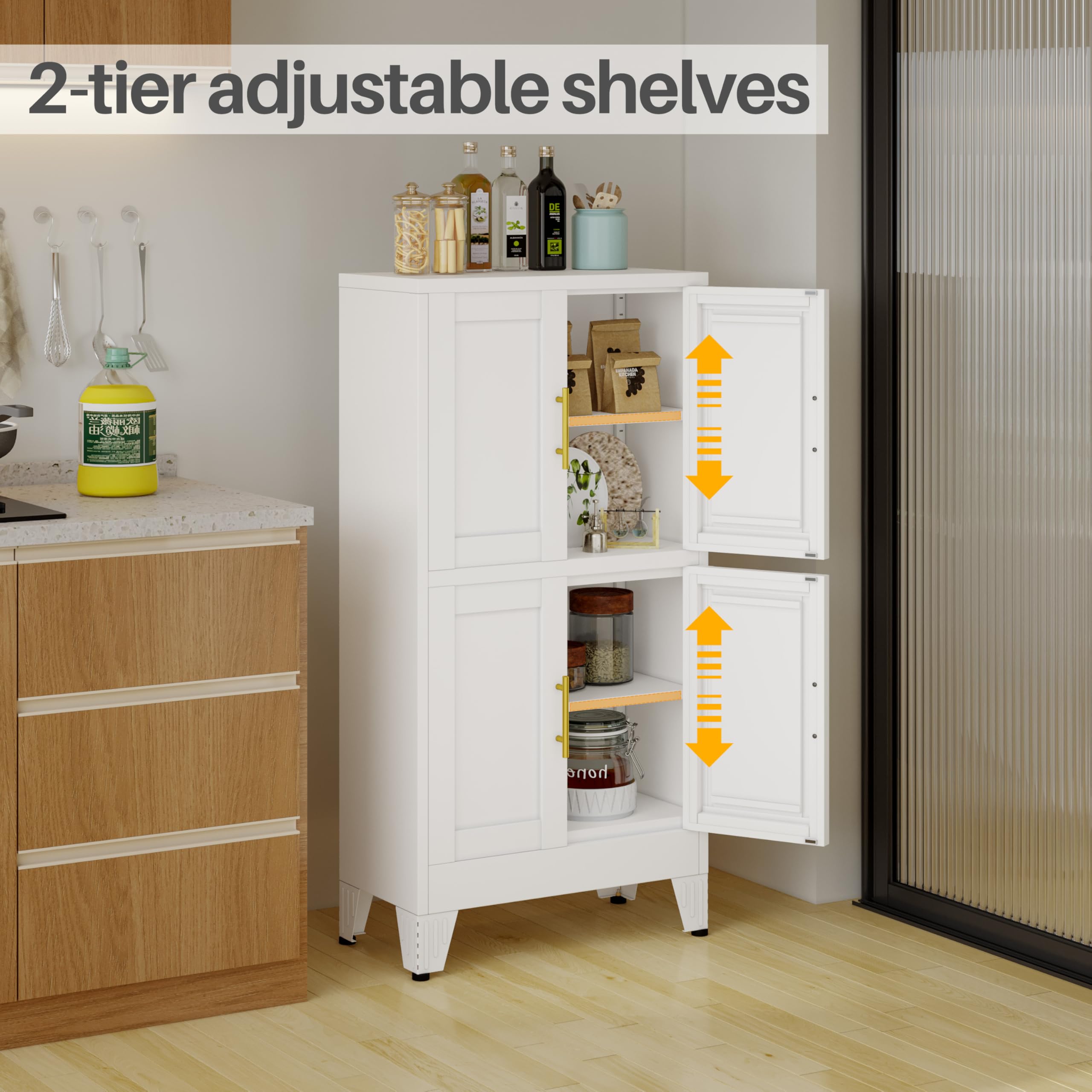 47” White Metal Storage Cabinet, Kitchen Pantry Cabinet