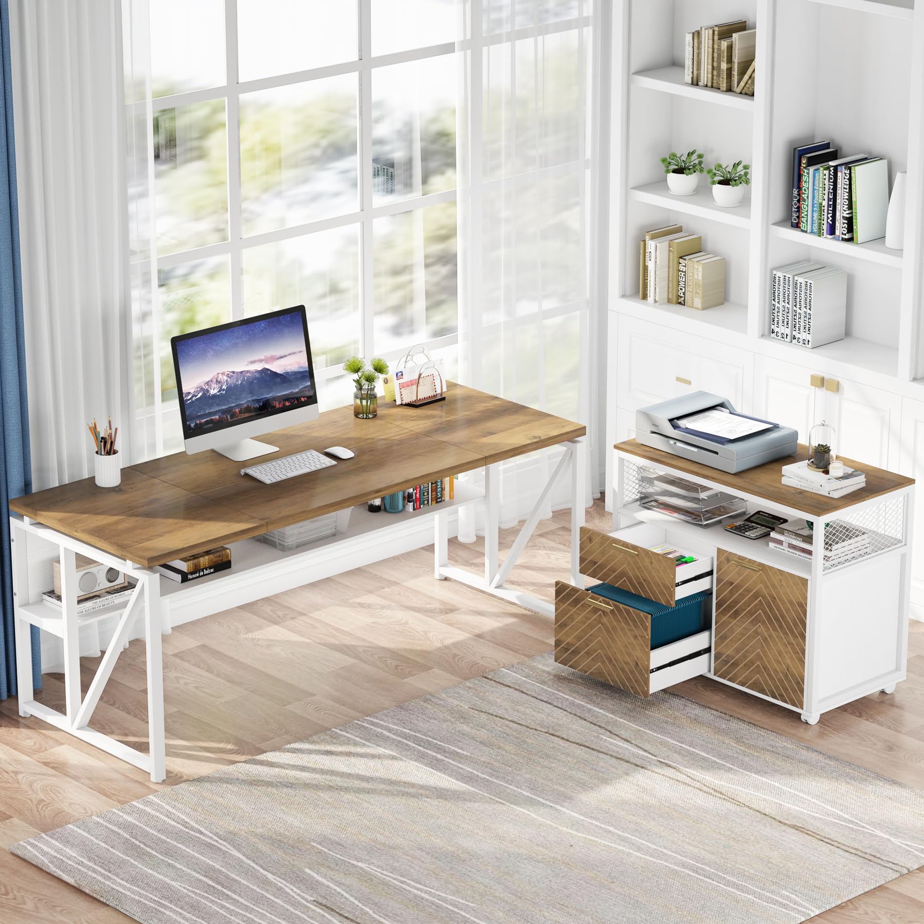 63" Executive Computer Desk and lateral File Cabinet, 2 Piece Home Office Furniture for Hanging File, Cabinet with Doors