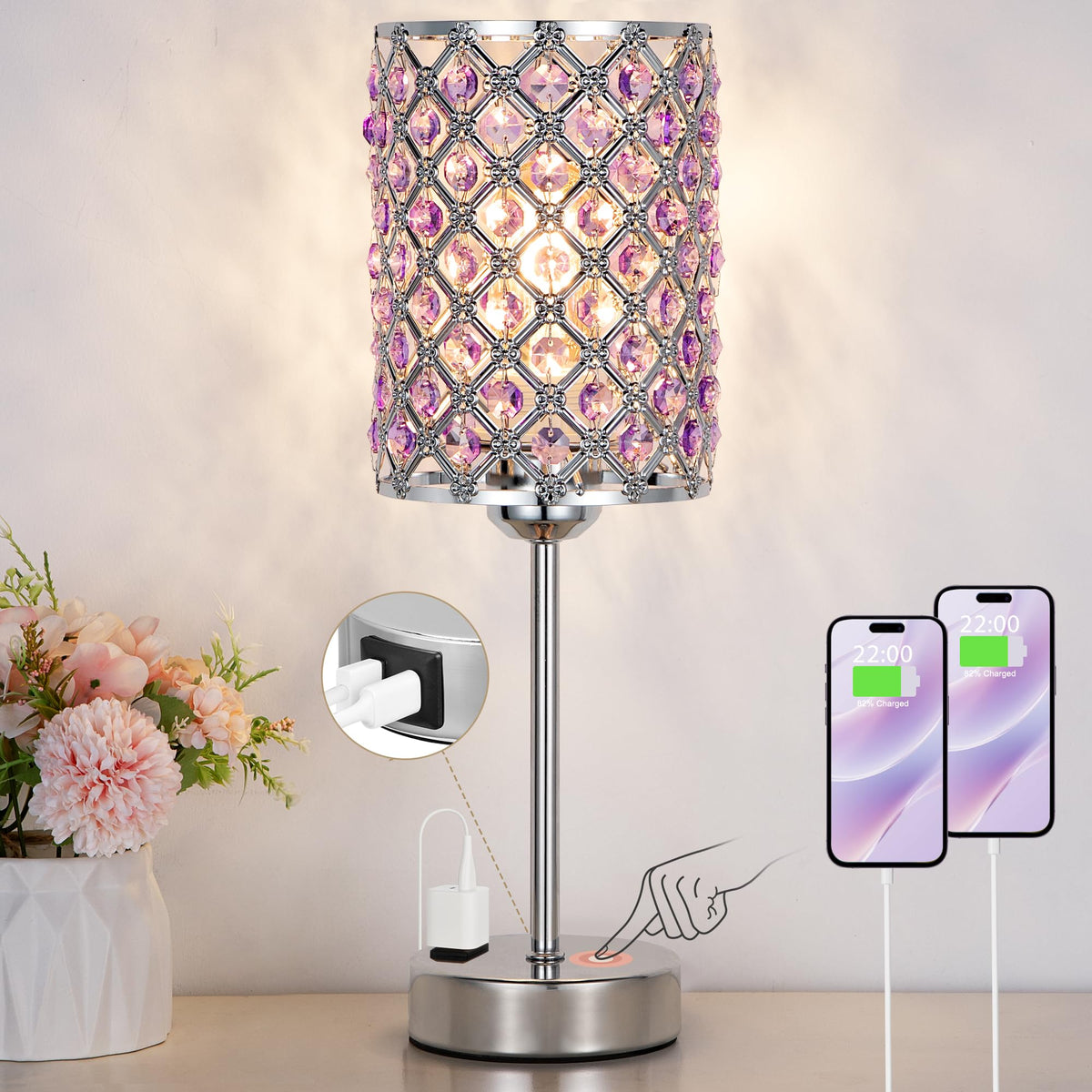 Crystal Lamps for Night Stands, Purple Table Lamp for Bedroom