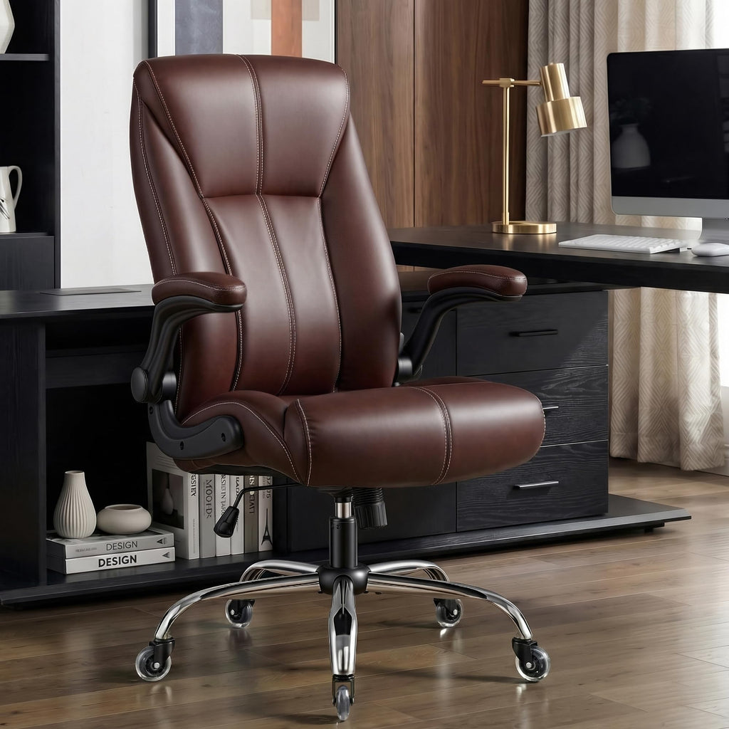 Big and Tall Office Chair for Heavy People, 500LBS High Back Extra Wide Executive PU Leather Office Chair with Flip-Up Armrests, Quiet Rubber Wheels, Comfortable Home Office Desk Chair(Brown)