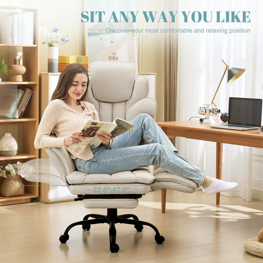 Flip Armrests Criss Cross Office Chair, Reclining Office Chair with Foot Rest, Adjustable Headrest, Massage Waist Pillow, Cross Legged Big and Tall Desk Chair Wide Seat Vanity Chair, PU Leather Beige