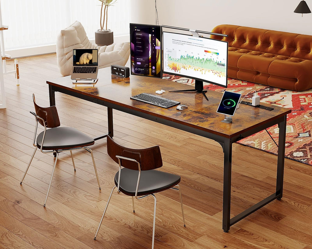 71 Inch Computer Desk with USB Ports, Large Office Desk, Long Study Student Writing Desk, Rustic Brown