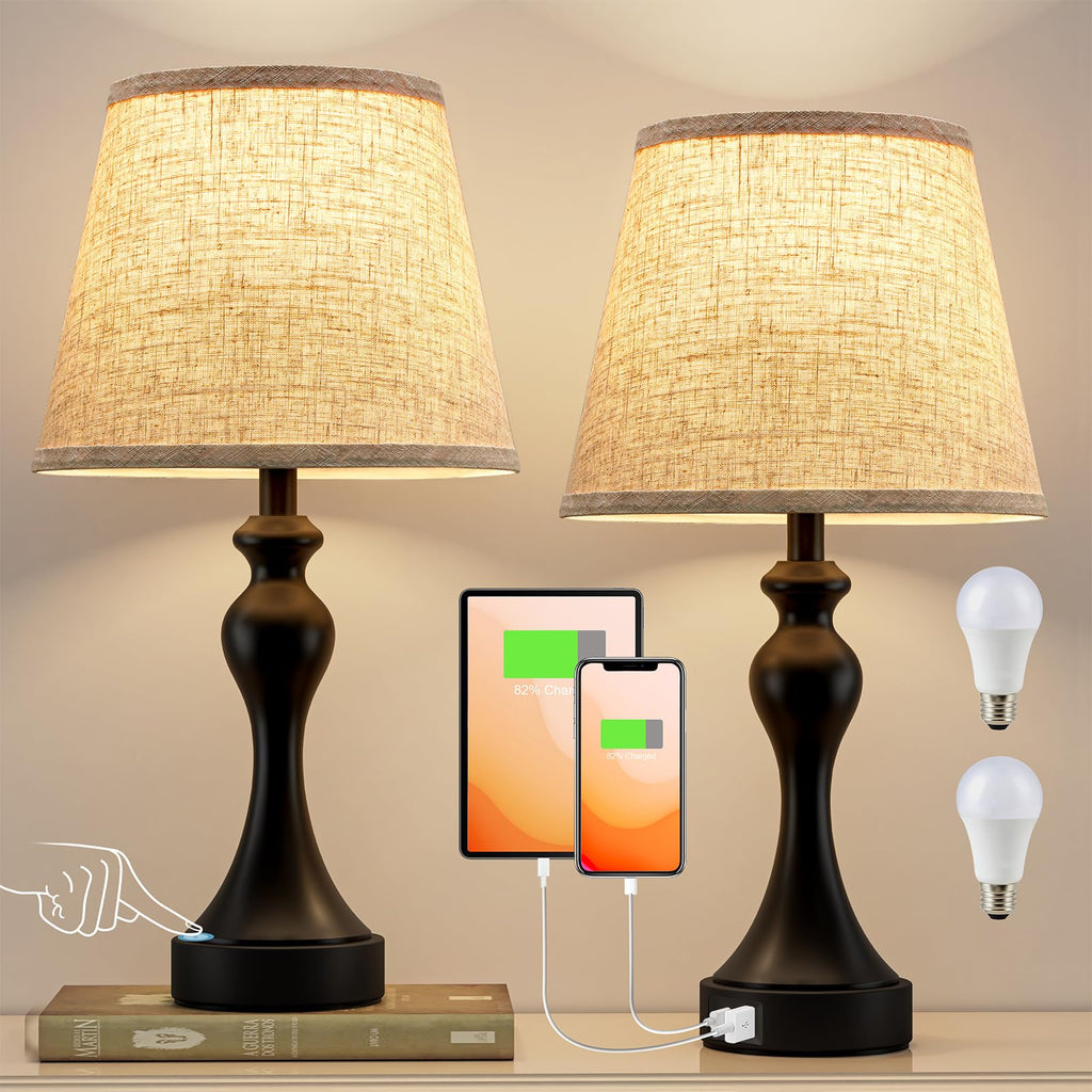 Touch Lamps for Nightstand, 3 Way Dimmable Bedside Lamps with USB C+A Ports