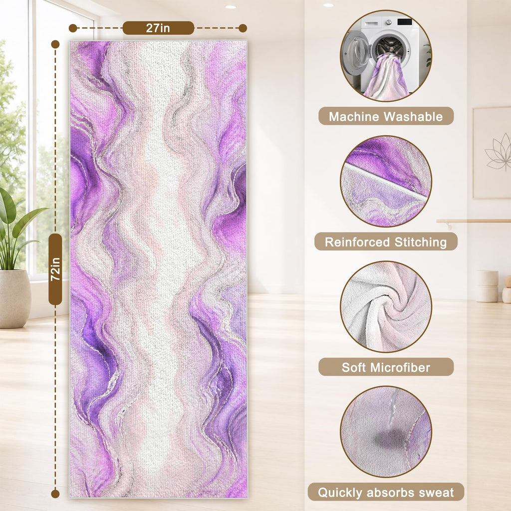 Yoga Mat Towel, Hot Yoga Towel High-Definition Pattern, Machine Washable with Ultra-Absorbent Yoga Towels for Hot Yoga Non Slip for Fitness, Exercise, Pilates, 72 x 27 in, Purple Ripples