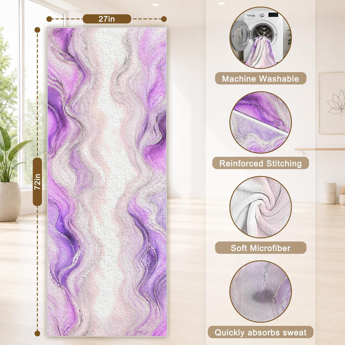 Yoga Mat Towel, Hot Yoga Towel High-Definition Pattern, Machine Washable with Ultra-Absorbent Yoga Towels for Hot Yoga Non Slip for Fitness, Exercise, Pilates, 72 x 27 in, Purple Ripples