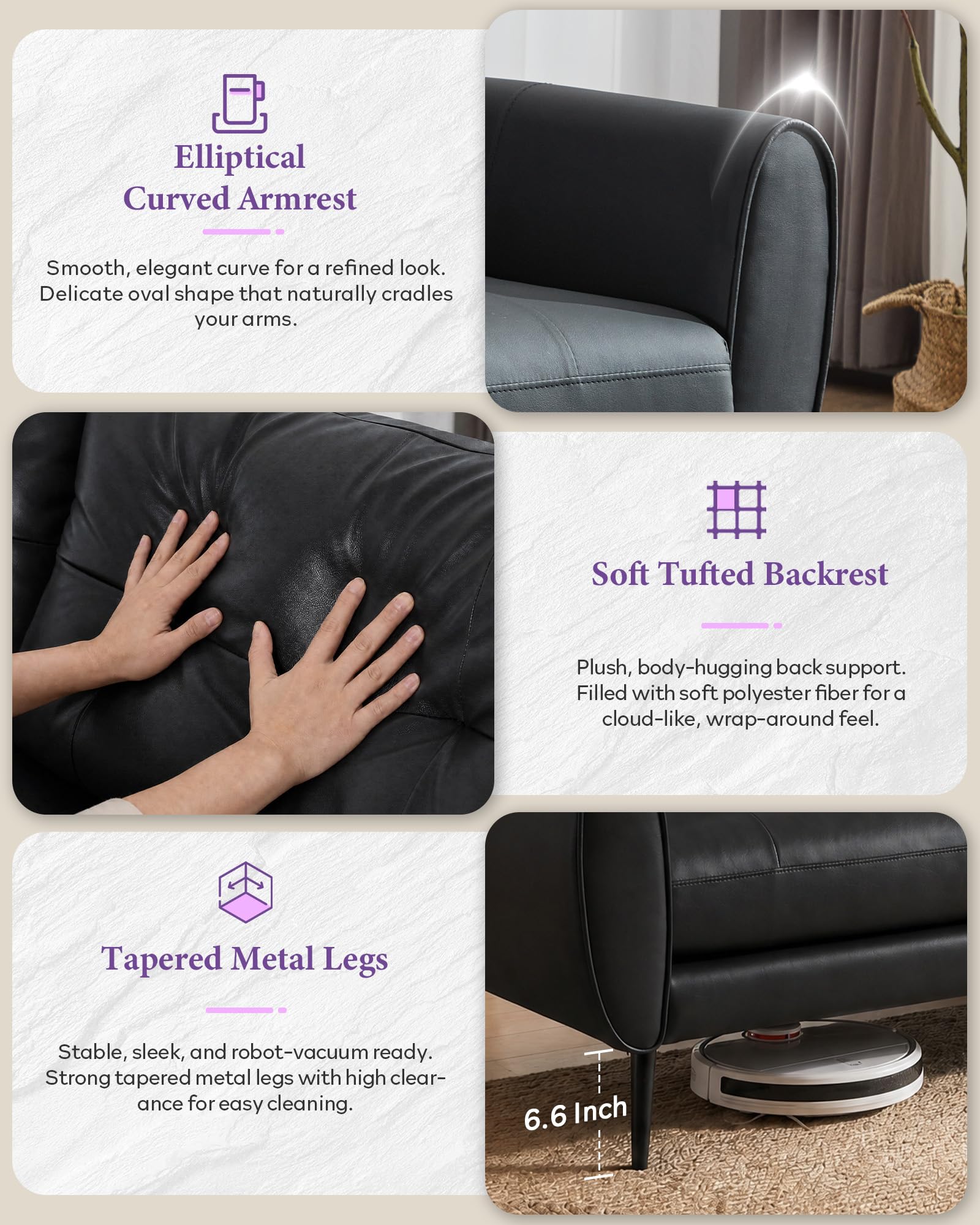 Sofa Couch 61" Small Loveseat Couches for Living Room, Black Faux Leather Couch Mid Century Modern Tufted Mini Sofa Comfy Office 2 Seat Settee Love Seat Couches for Small Spaces Bedroom