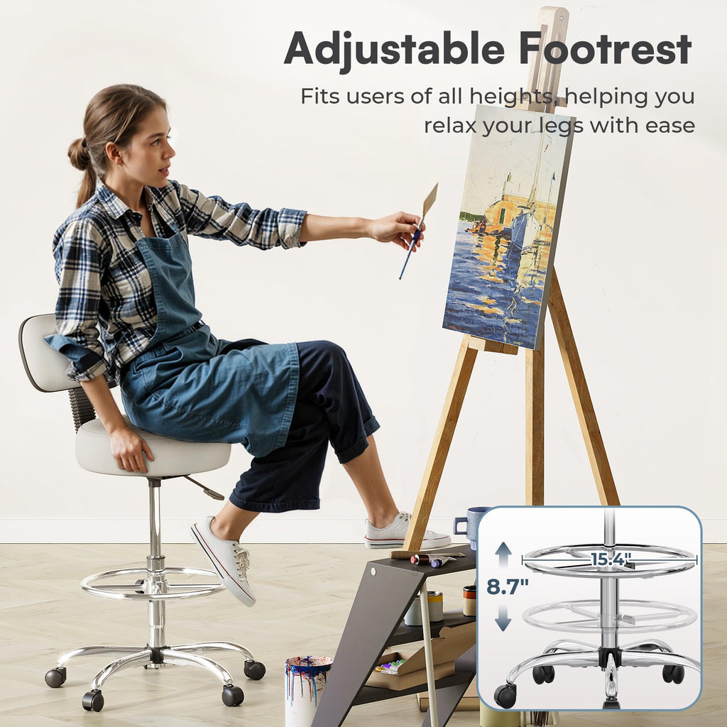Drafting Chair with Back, Adjustable Foot Rest Rolling Stool, Multi-Purpose Office Desk Chair, Thick Seat Cushion for Home Bar Kitchen Shop - White