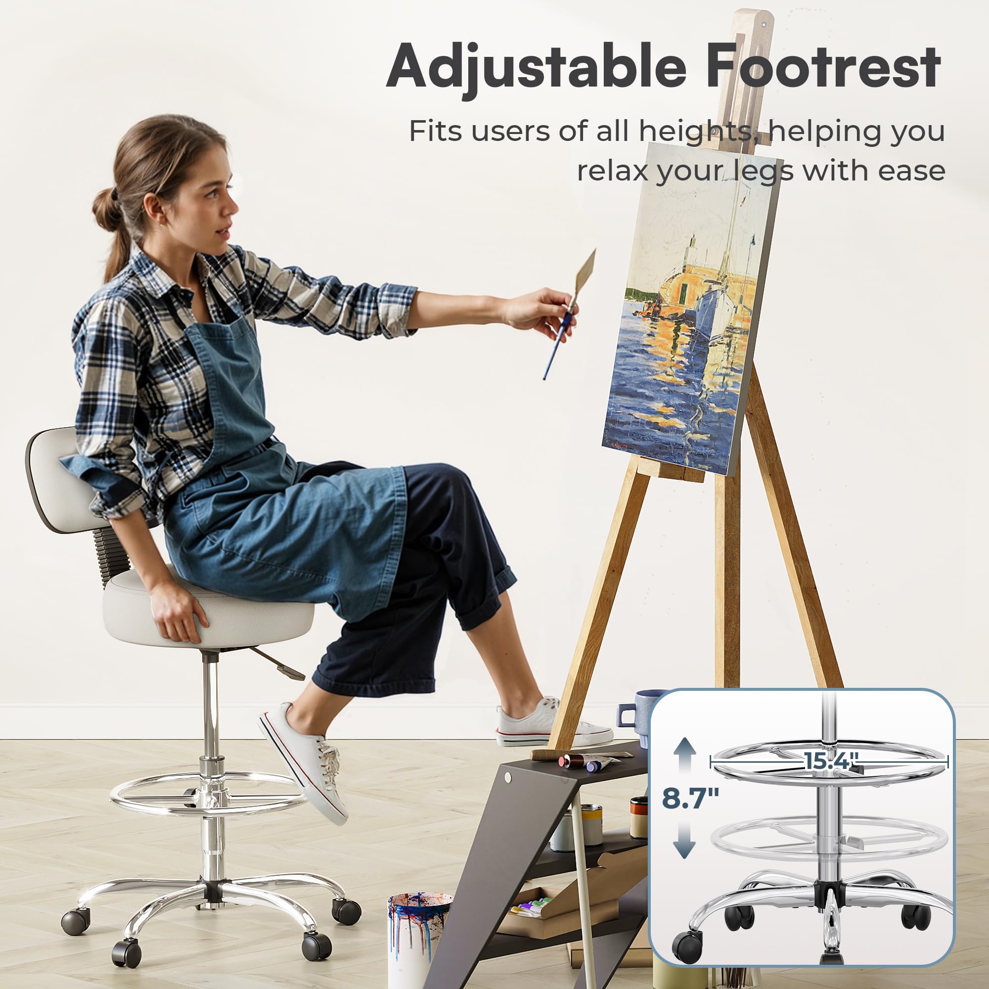 Drafting Chair with Back, Adjustable Foot Rest Rolling Stool, Multi-Purpose Office Desk Chair, Thick Seat Cushion for Home Bar Kitchen Shop - White