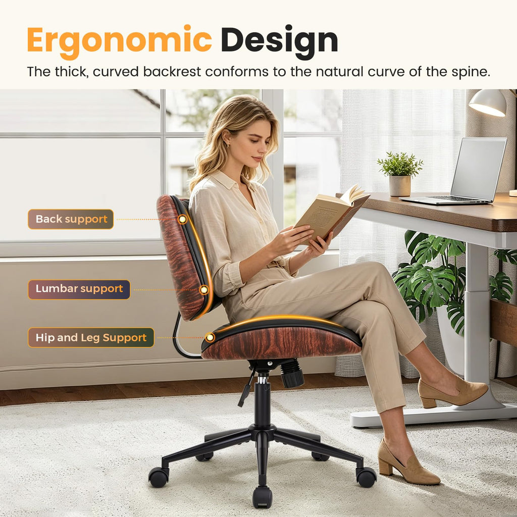 Office Chair Swivel Desk Chair with Wheel Small Computer Chair Armless Task Chair Modern Walnut PU Leather Backrest Rocking Function Adjustable Height, Study Reading Meeting Room (Black)