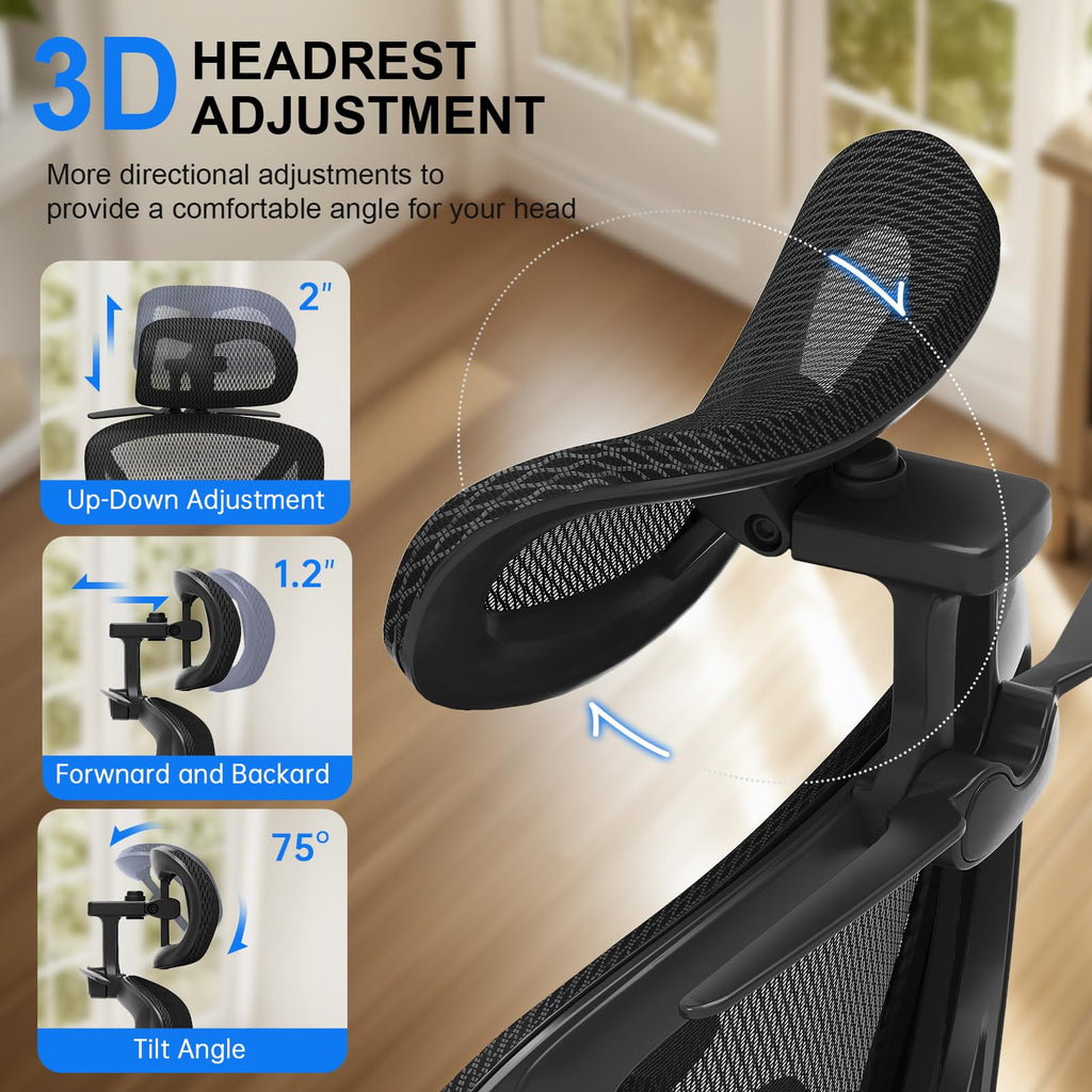 Ergonomic Mesh Office Chair, Home Desk Chair with Adjustable Lumbar Support, 3D Headrest and Armrests, Reclining Big and Tall High Back Computer Gaming Chair for Man Women, 350lbs, Black