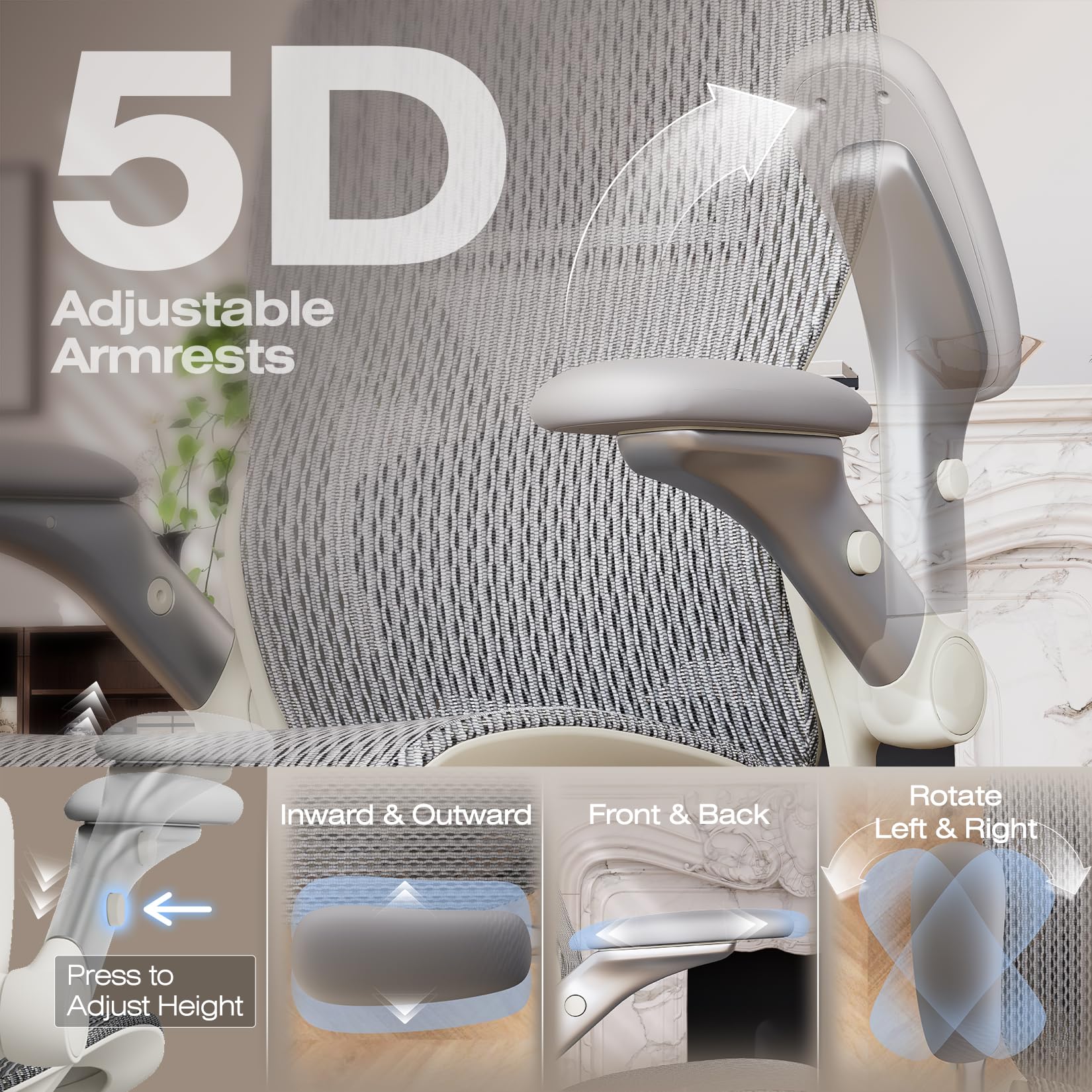 X100 Ergonomic Mesh Office Chair with Footrest, Big and Tall Home Desk Chair with 5D Flip-Up Arms, Adjustable 3D Lumbar Support, Gaming & Executive Computer Chair, First Light