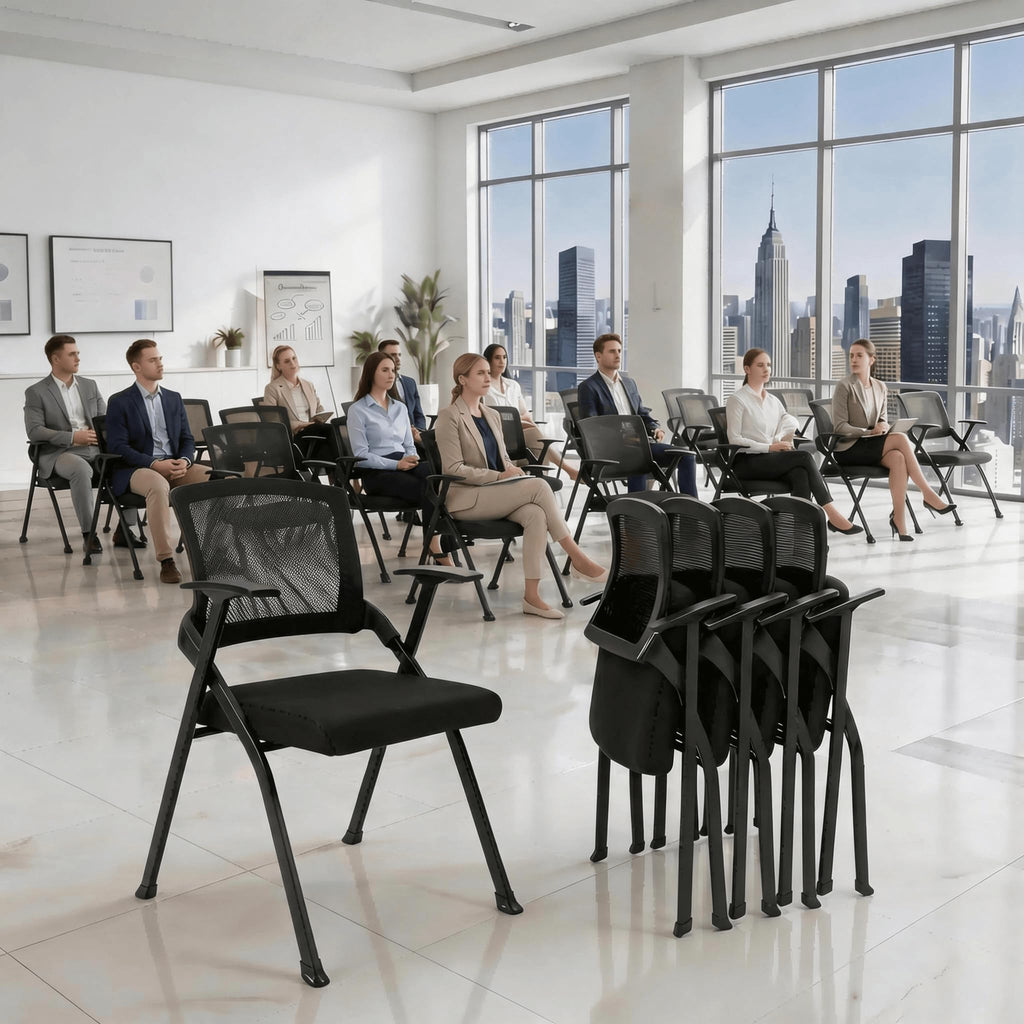 12 Pk, Folding Office Chair with Wheels - Mobile Mesh Back Conference Room Chair with Padded Seat, Foldable & Stackable for Meeting Room, Training, Seminar,Classroom School & Office - Black