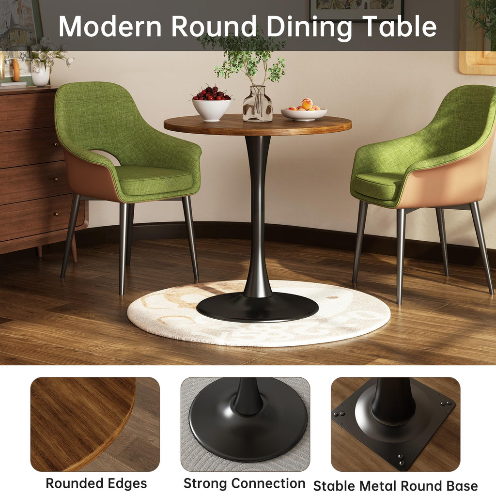 Kasinali Round Dining Table 24" Circle Tulip Table with Wood Thickened Tabletop & Sturdy Metal Pedestal Mid Century Modern Farmhouse Kitchen Tables 2 People Small Places Living Room Cafe,Somber Walnut