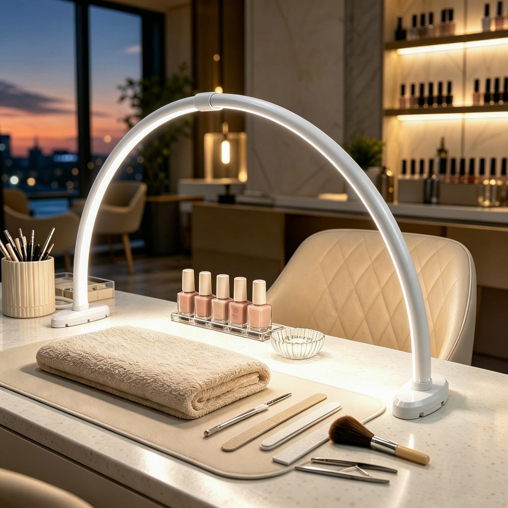 Half Moon Nail Light, 180° No Shadow LED Nail Desk Lamp with Foldable Height Adjustable Base, Nail Tech Lamp Soft Light Eye Protection for Manicure Eyelash Tattoo Craft Workbench Lighting