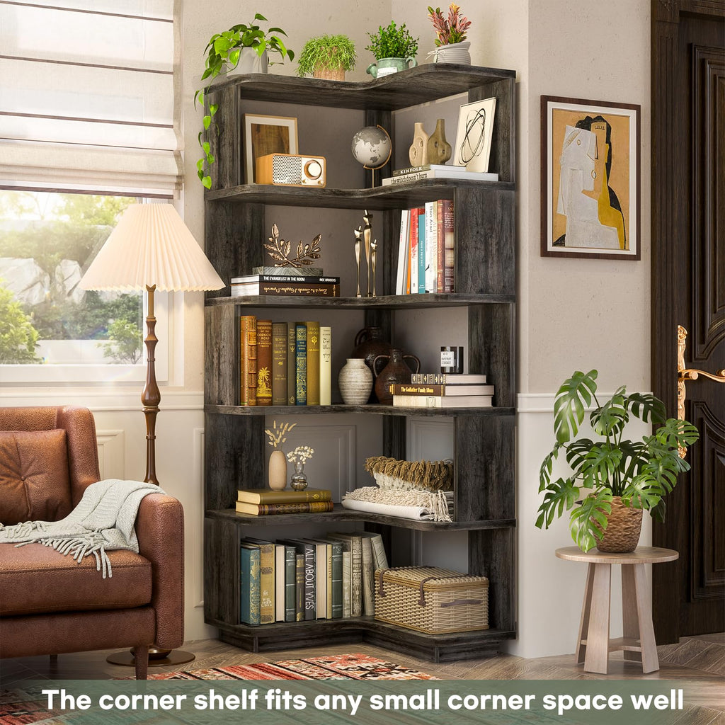 Corner Book Shelf, 6-Shelf L Shaped Corner Bookshelf with Baffle