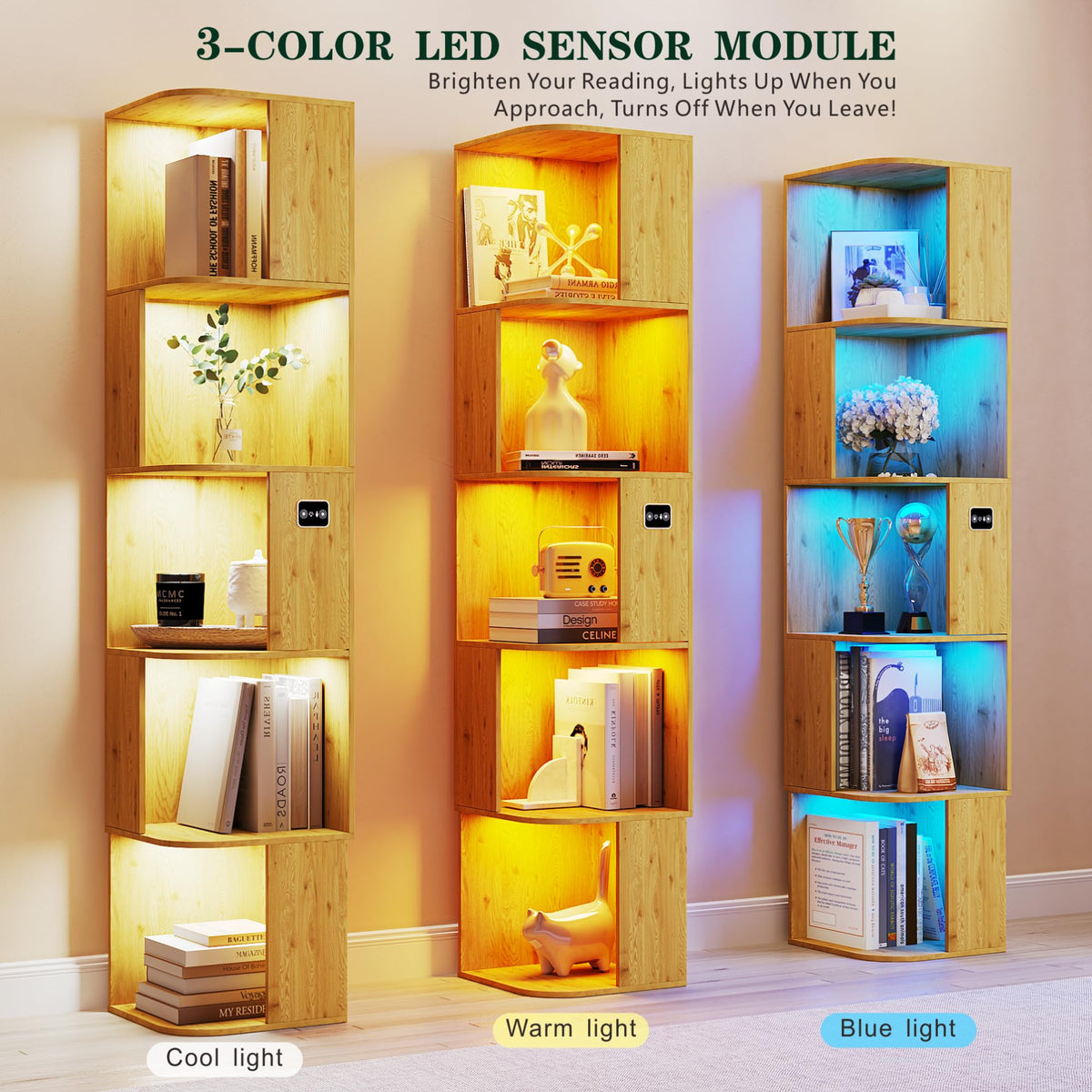 Corner Bookcase with 5 Shelves and 3-Color LED Sensor Lights - Wood