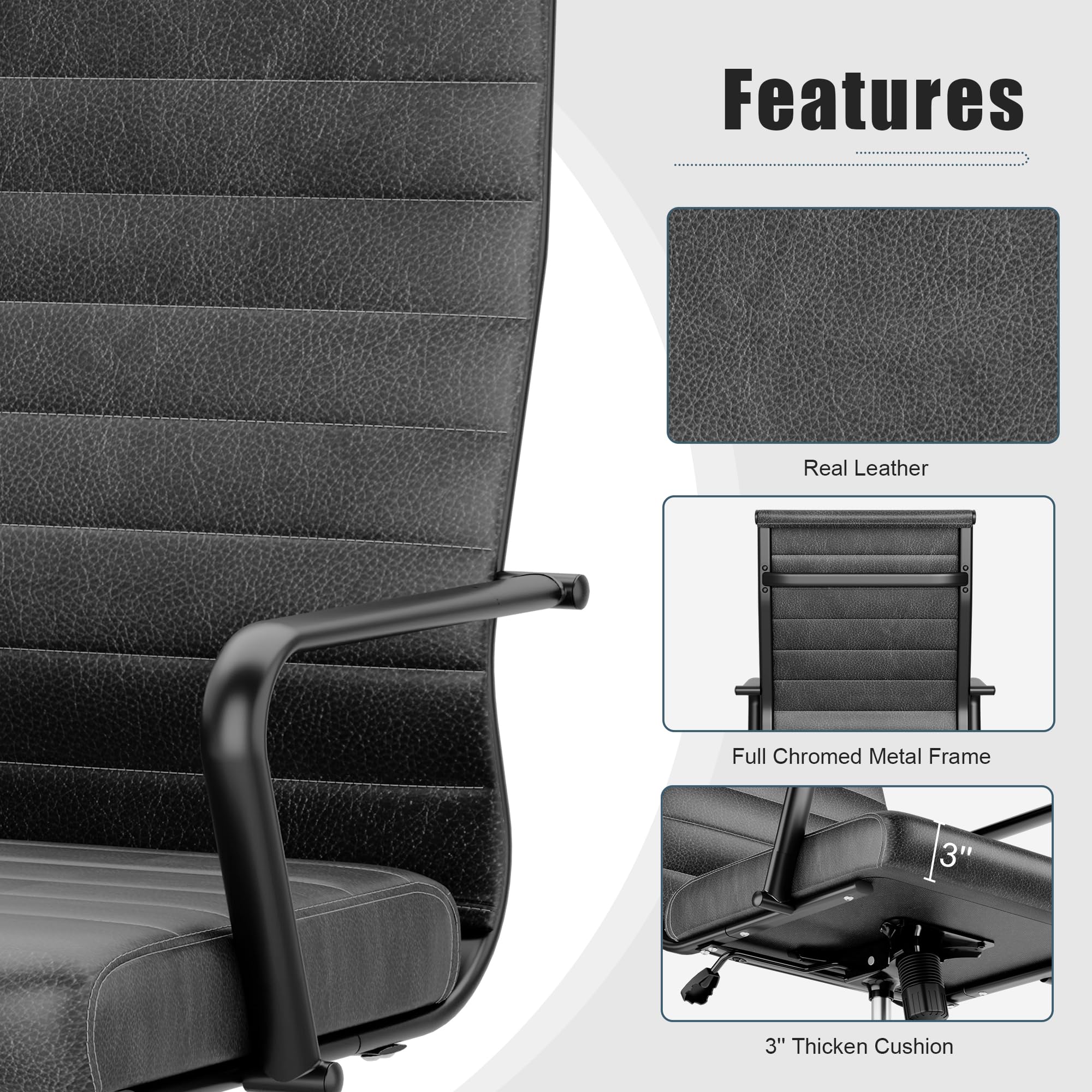 Genuine Leather Office Chair, Mid-Century Modern Real Leather Conference Room Chairs, Ergonomic Executive Ribbed Height Adjustable Swivel Rolling Desk Chair for Home Office.