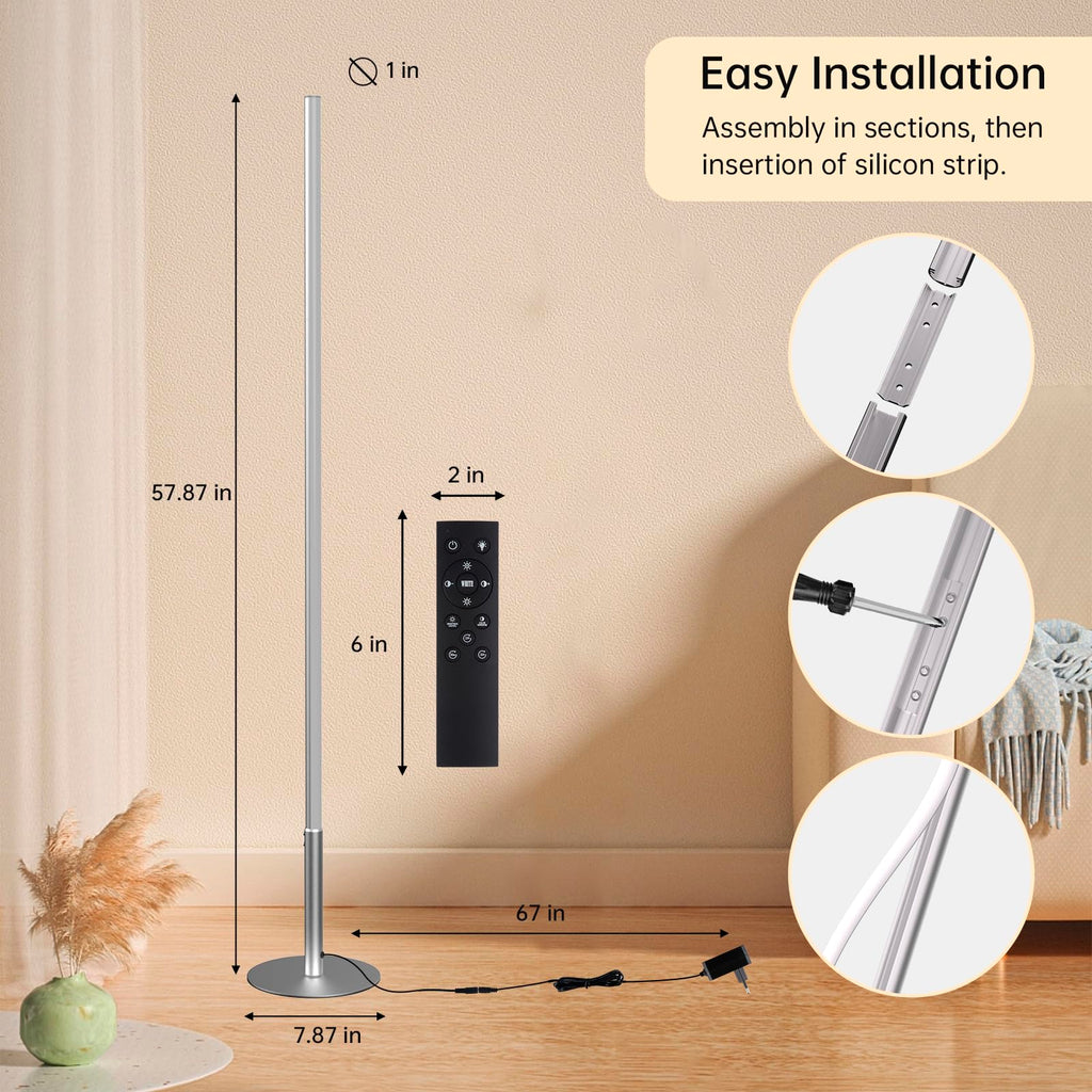 Minimalist Corner Floor Lamp, Silver LED Standing Lamp
