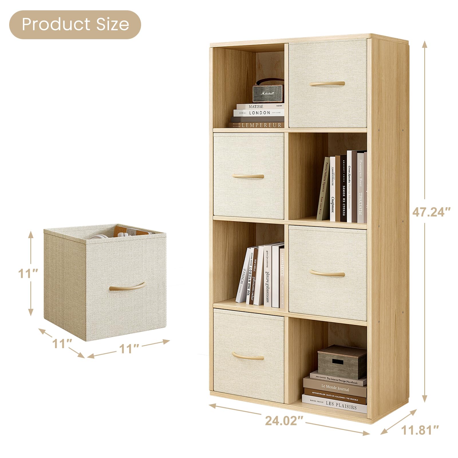 8 Cube Storage Organizer - Solid Wood Bookshelf with 4 Storage Bins, Cube Shelf with 2 Removable Back Panels, Vertical or Horizontal Bookcase, Open Book Shelf for Bedroom, Living Room, Office
