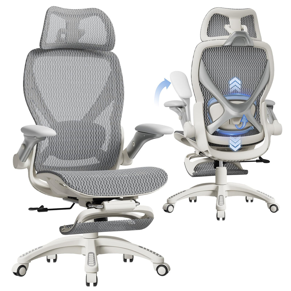 X100 Ergonomic Mesh Office Chair with Footrest, Big and Tall Home Desk Chair with 5D Flip-Up Arms, Adjustable 3D Lumbar Support, Gaming & Executive Computer Chair, First Light