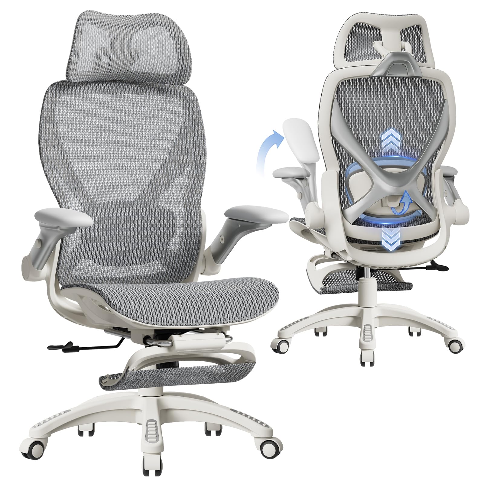 X100 Ergonomic Mesh Office Chair with Footrest, Big and Tall Home Desk Chair with 5D Flip-Up Arms, Adjustable 3D Lumbar Support, Gaming & Executive Computer Chair, First Light